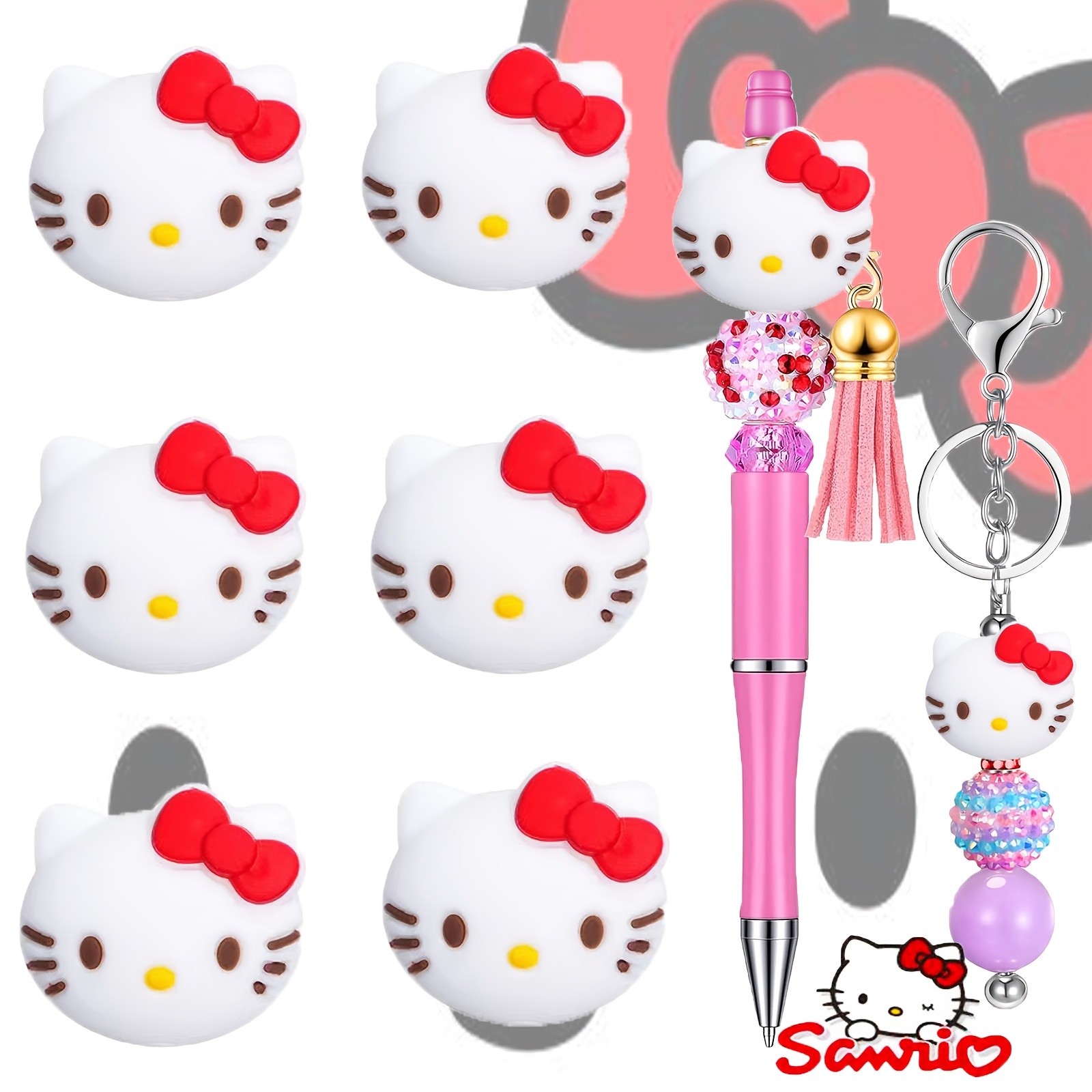 

6pcs Sanrio Hello Kitty Silicone Charms For - Includes Pink Beaded Pen, Keychains & Craft Decorations With Iconic Red , Making| Design| , Charms For Jewelry Making