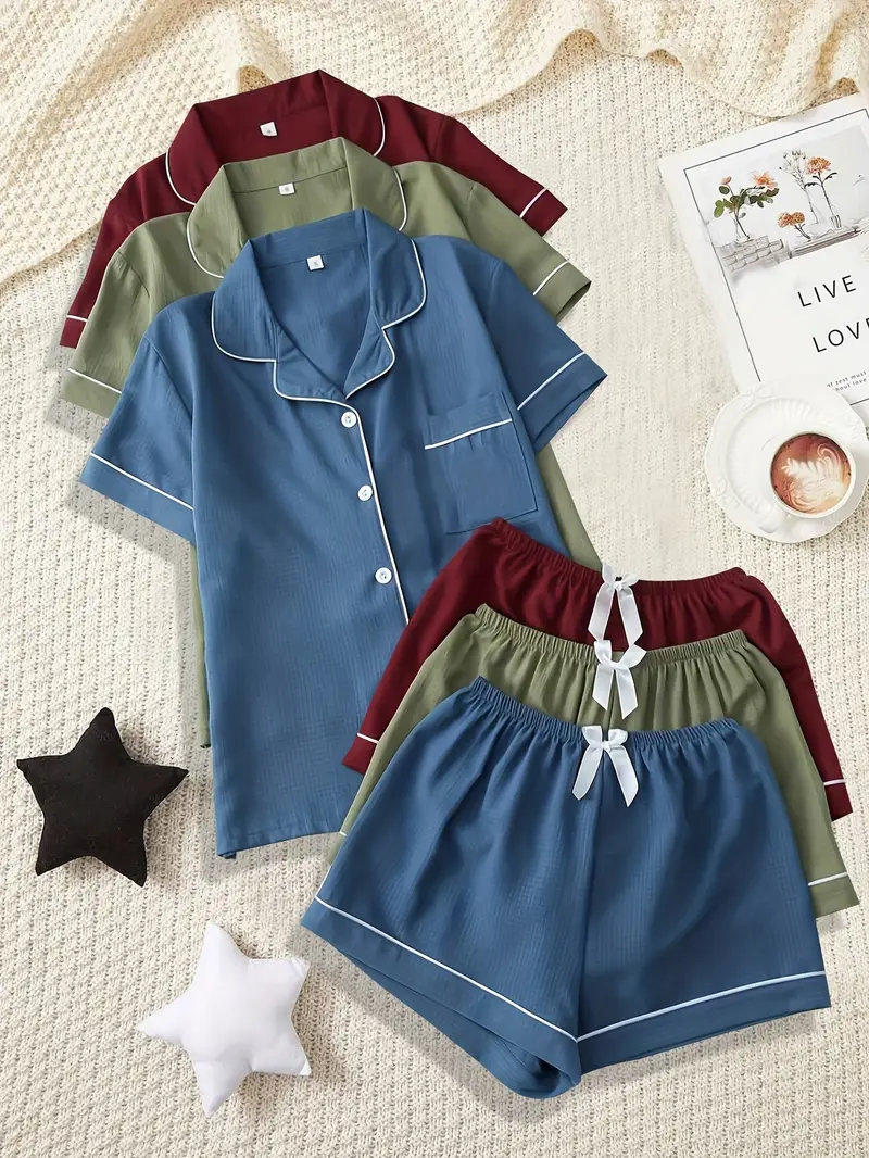 three piece pajama set for women with a collar short sleeves and shorts featuring a heart for wear Product details 0