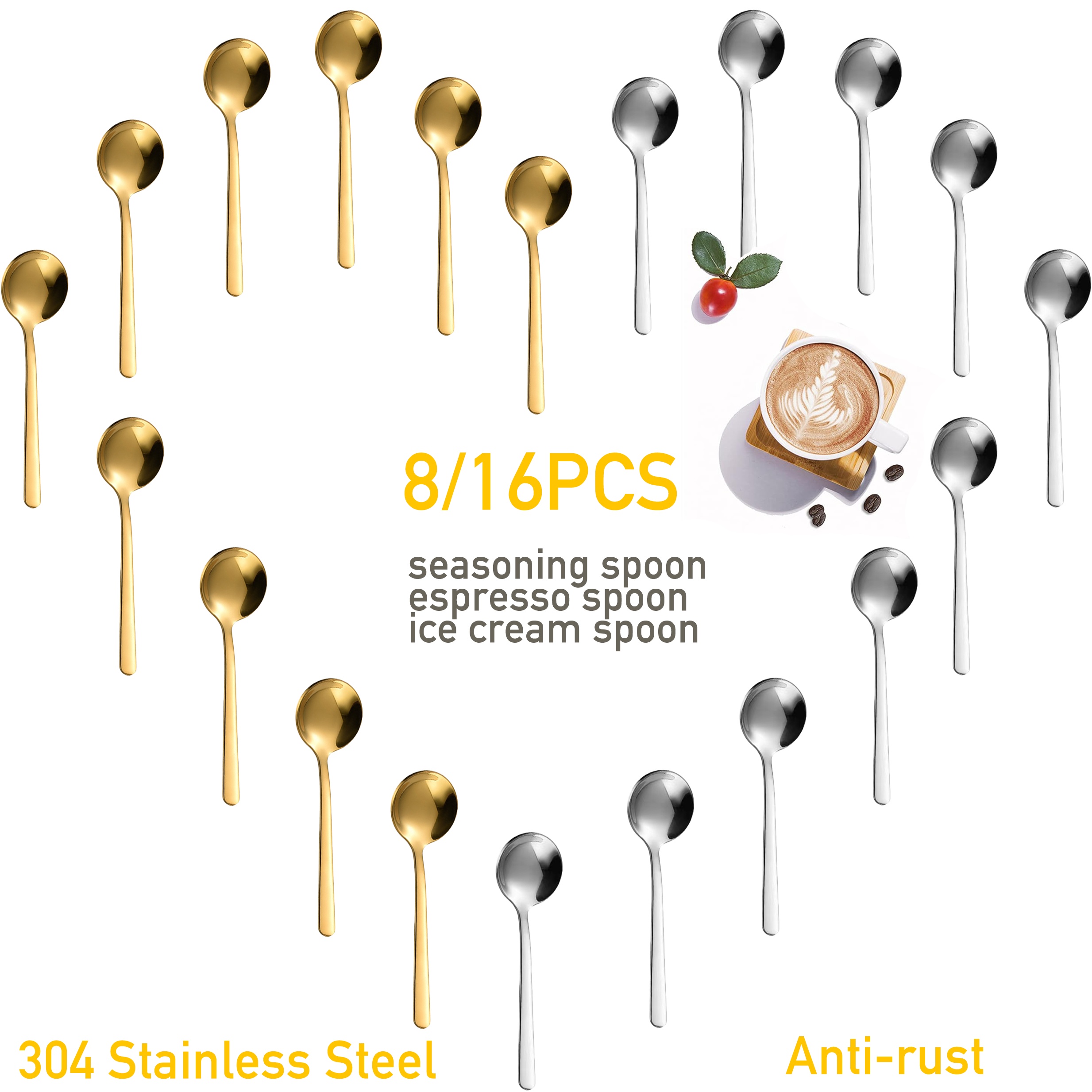 

8/16pcs 304 Stainless Steel Mini Italian Espresso Spoon Cute Cappuccino 10cm Mini Seasoning Spoon Dessert Spoon Small /dessert Spoon/seasoning Spoon Suitable For Kitchen/coffee Shop