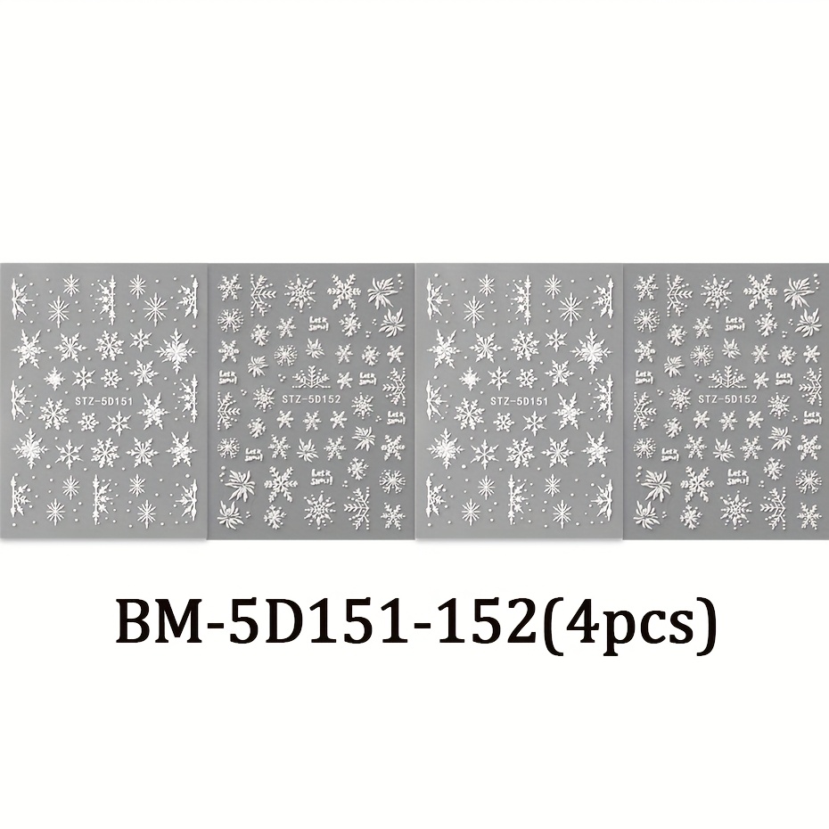 4pcs Winter 3d Embossed 5d Christmas Snowflake Self-adhesive Disposable Nail Stickers Decoration
