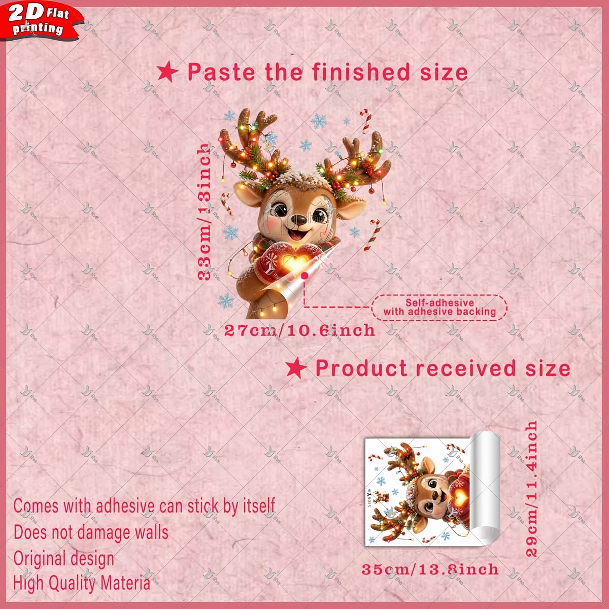 TEMU 2d Flat, 1pc 2d Flat Printed Christmas Heart Gesture Fawn, String Lights & Snowflakes Window Sticker, Creative Diy Self-adhesive Removable