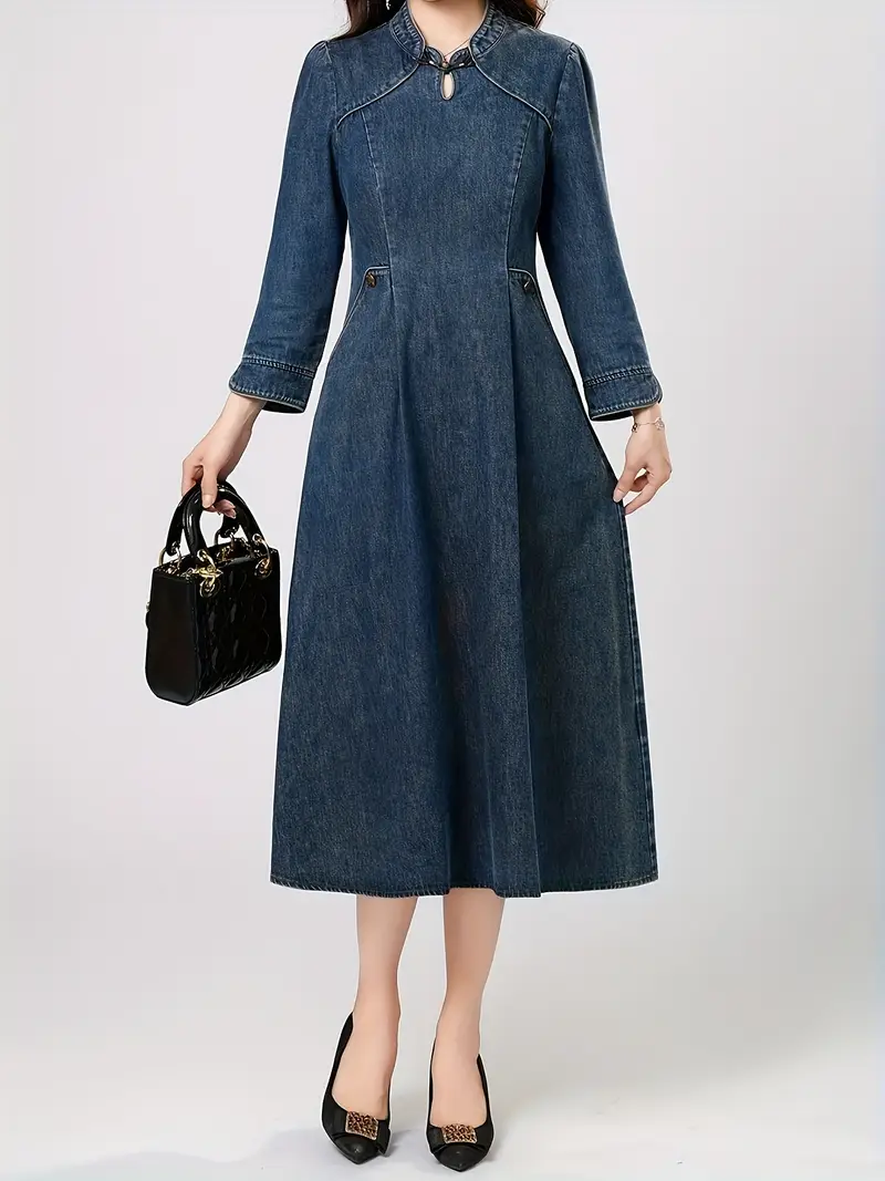 chinese style denim dress Quincy Sleeved Denim Qipao Midi Dress