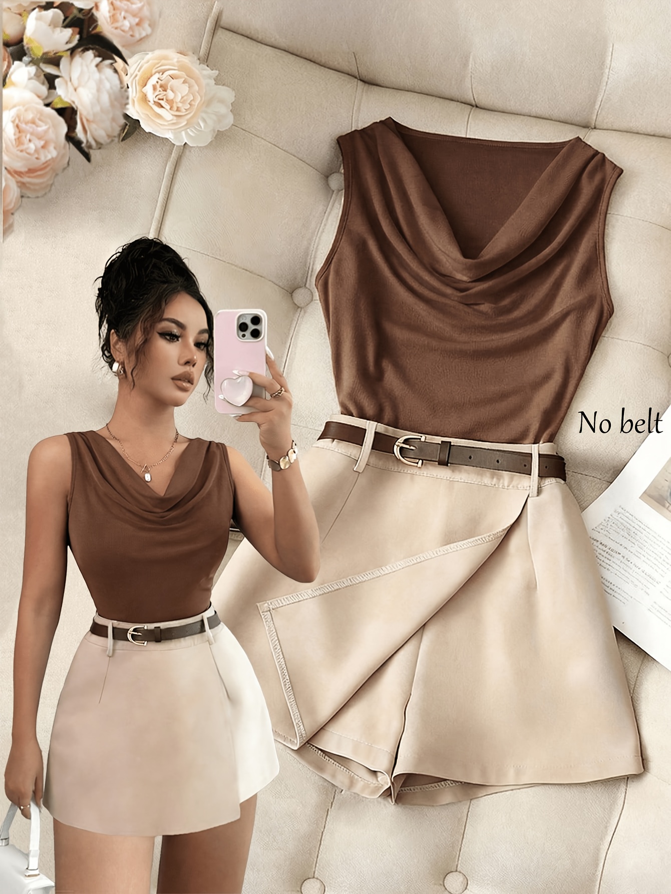 a set of two items a sleeveless fitted brown tank top with   neckline   with a wide leg skirt this two piece womens outfit is suitable for everyday wear business occasions dates