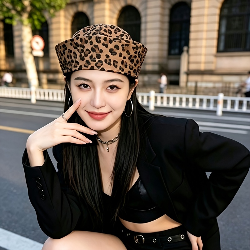 TEMU Vintage Leopard Print Beret For Women, Fashion Style, Suitable For Street Shooting, Dates, And Casual