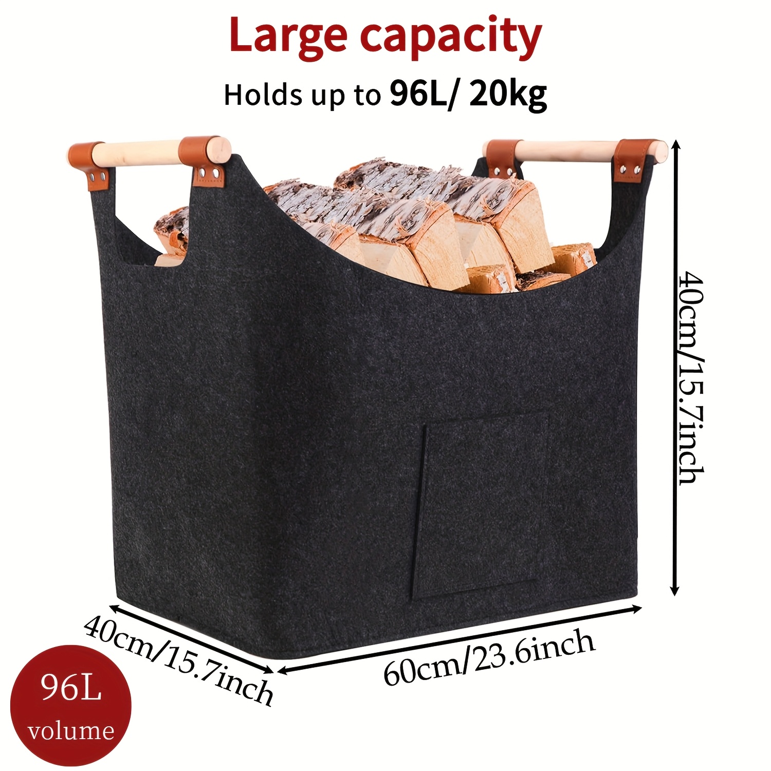 2Pack Firewood Baskets With Storage Bag,Foldable Large Wood Basket For Firewood,Firewood Basket With Reinforced Wooden Handle,Felt Bags,Shopper For Firewood,Firewood(Grey