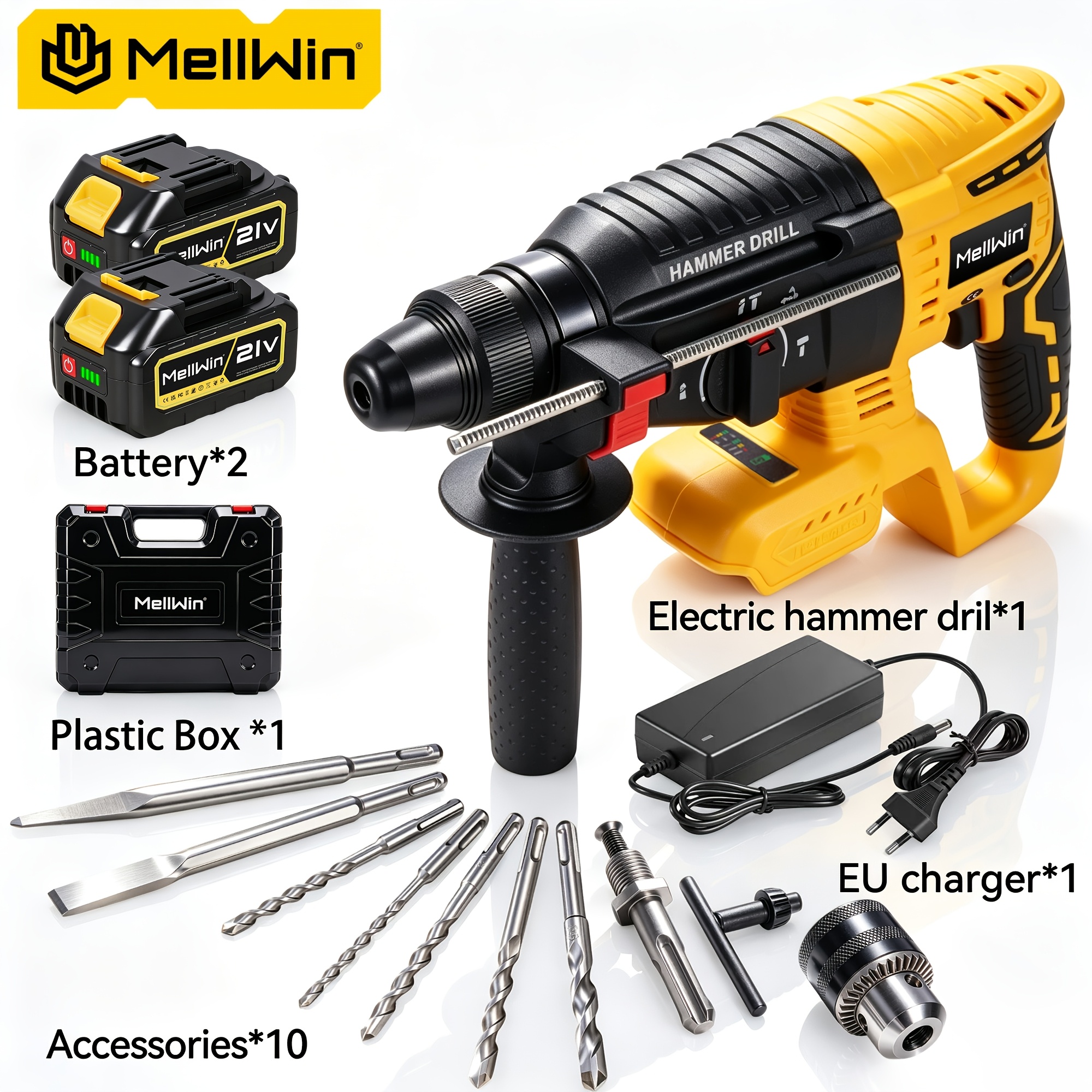 Image of Cordless Rotary Hammer Drill, Brushless Electric Hammer, 3 Working , Sds Plus , Suitable For Concrete, Brick, Masonry Drilling , Accessories Optional