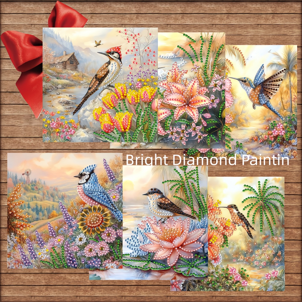 TEMU 6pcs Diamond Painting Greeting Card Set Features A Design Of Birds Flowers. A Creative Project For Craft Enthusiasts, Including Handmade Cards