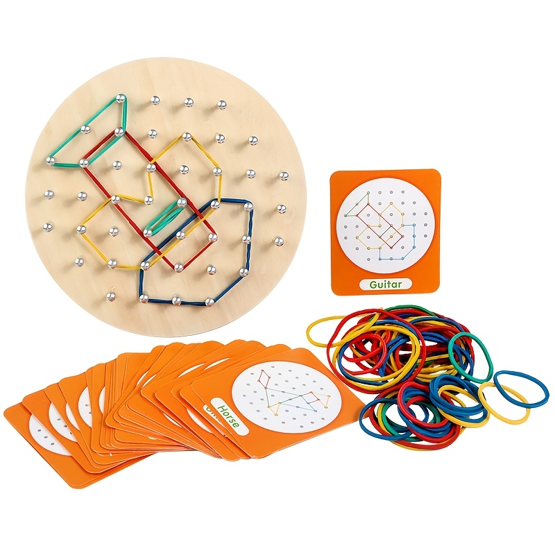 Image of A Box Of Wooden Round Pegboard Puzzles, With 30 Double-sided Cards And 3 Kinds Of Rubber Bands, Develops , And Imagination. Perfect Gift For Christmas, Easter, Birthday