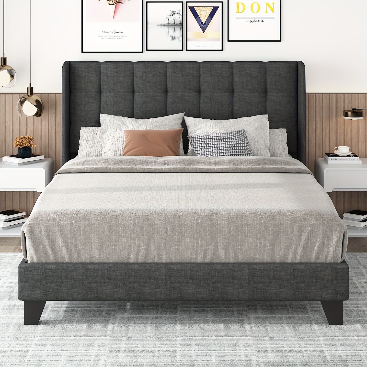 

Hoomic Wingback Bed Frame With Square Stitched Headboard, Upholstered Platform Bed, Strong Wood Slats Support Bed Mattress Foundation, Full/queen/king, Dark Grey/blue