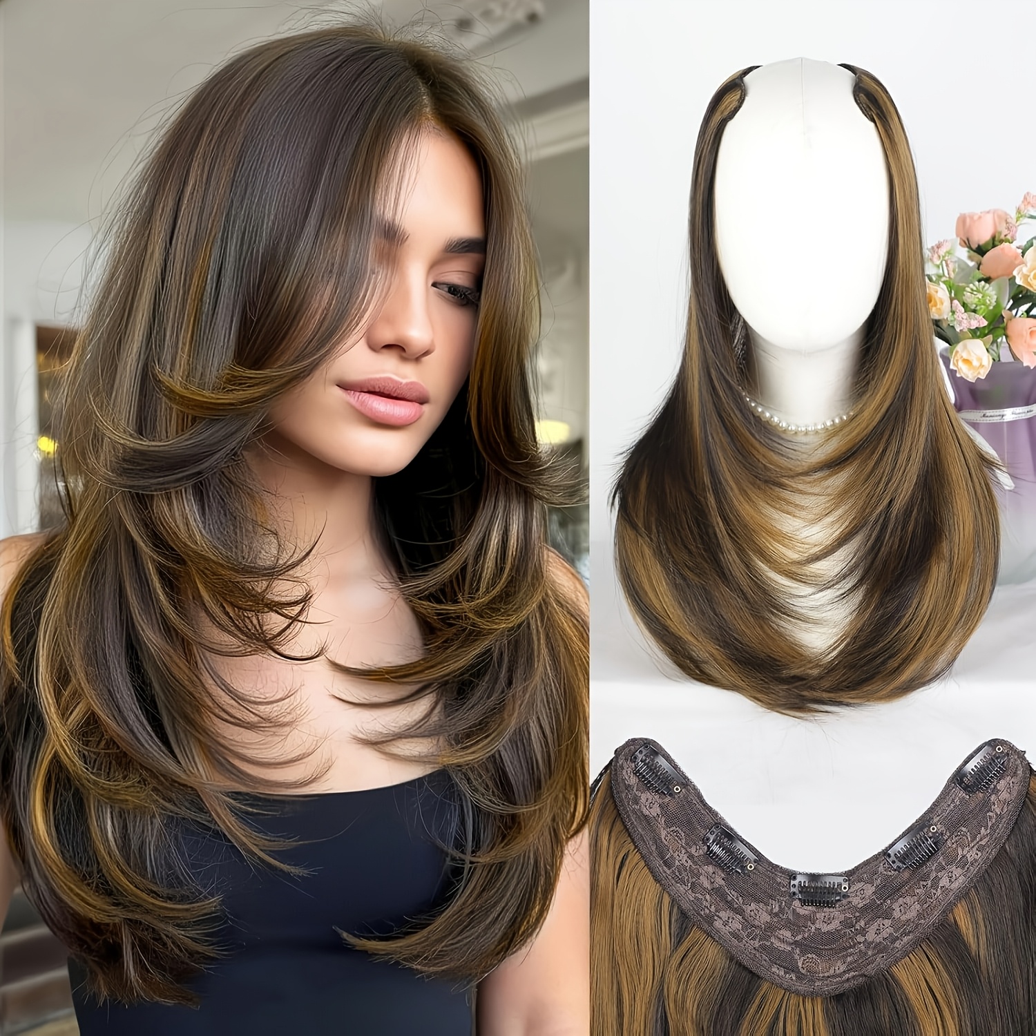 TEMU Women's 20-inch V-shaped Clip-in Hair Extension (single Piece, Synthetic Straight Hair, Coverage, Includes 5 Clips) - Suitable For Daily Wear,