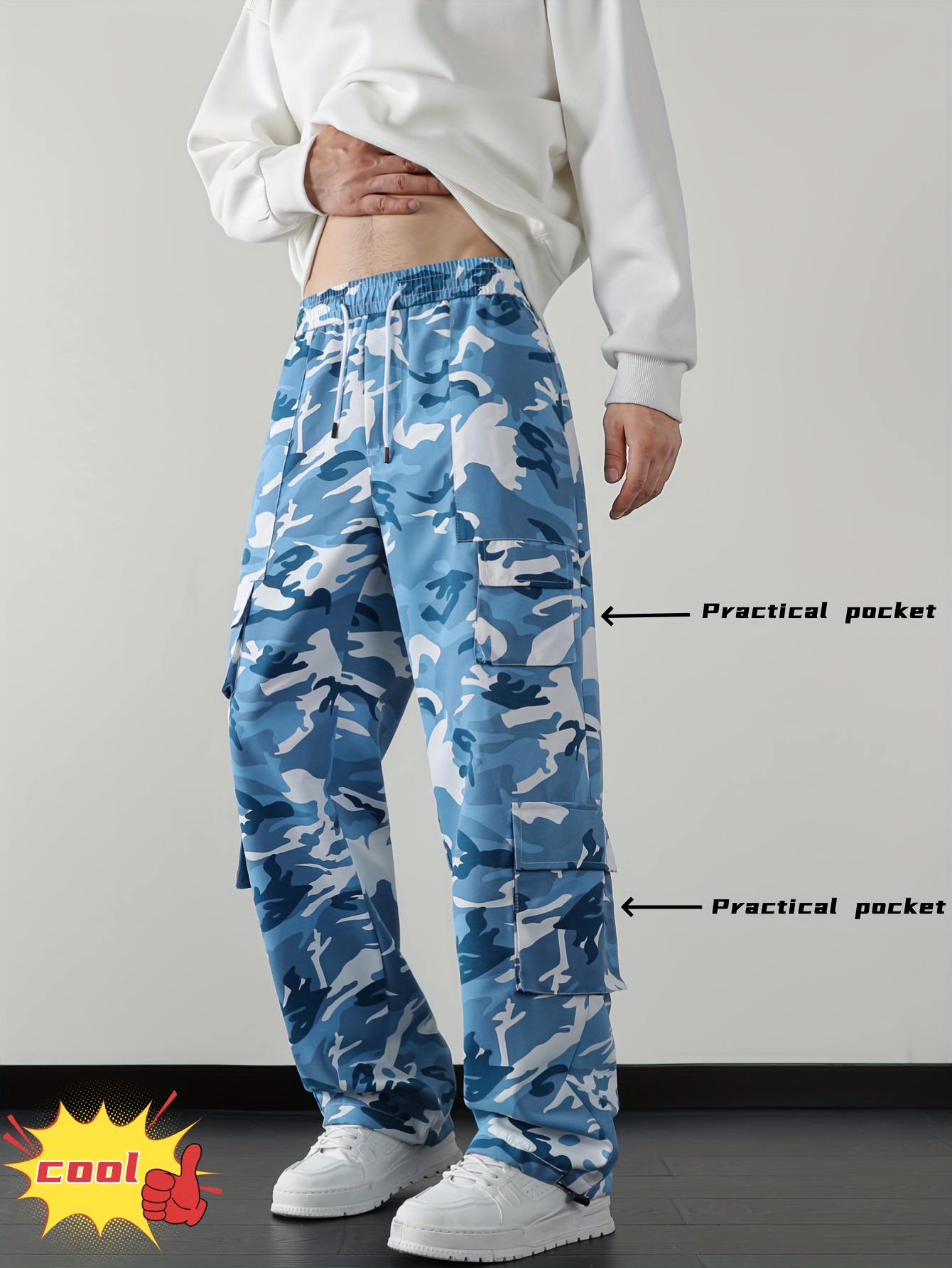 Men's Camouflage Print Multi-Pocket Cargo Pants, Elastic Waistband with Adjustable Legs, Fashion Wide-Leg Trousers