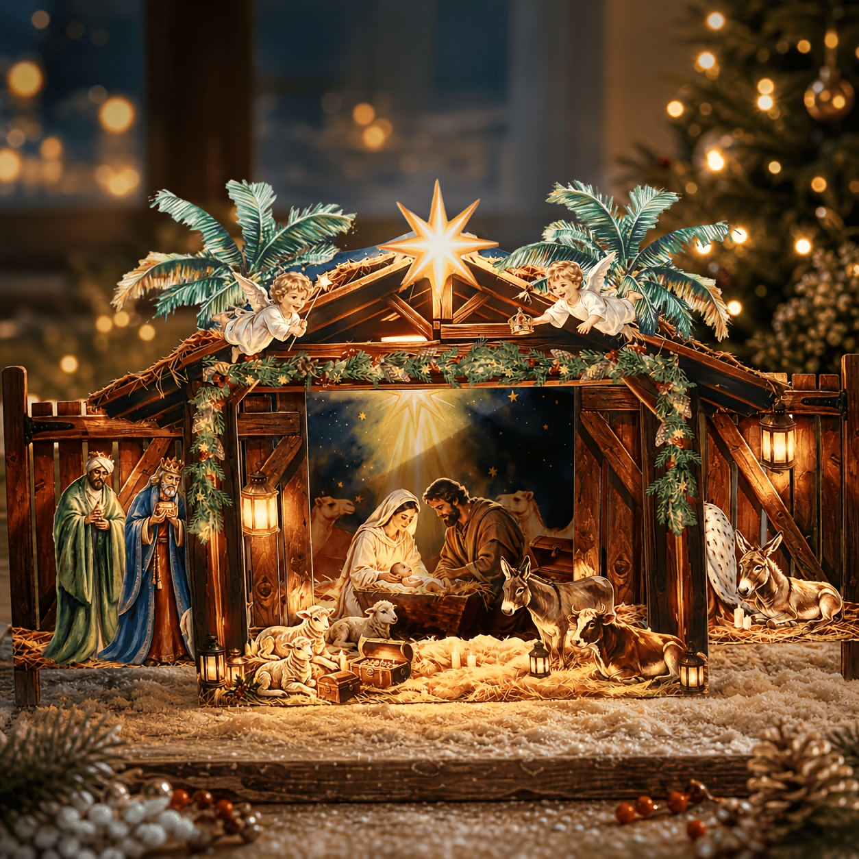 TEMU 1pc Christmas Nativity 3d Pop-up Card, Foldable Fence-style Manger Scene. Table Decoration Stand, Vintage Painting Print, Ideal Religious Xmas