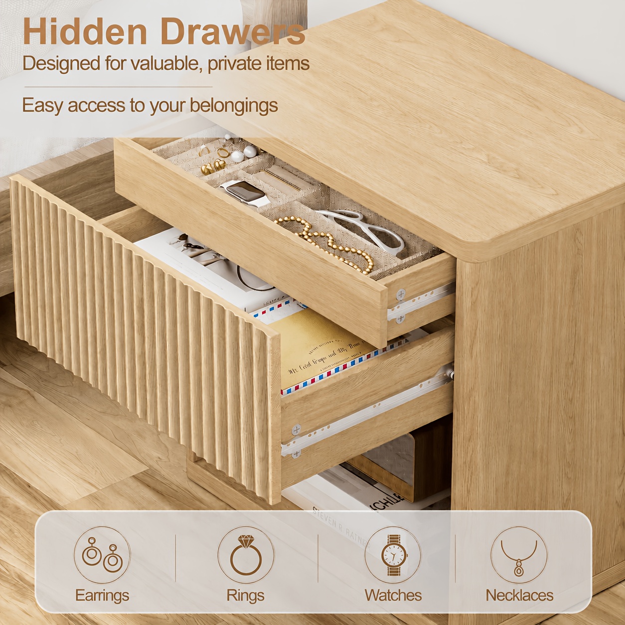 Modern Space-Saving Nightstand with Hidden Drawers & Open Shelf - Curved Bedside Table Suitable for Small Bedrooms, Freestanding Assembly Required Bedside with Concealed Drawers and Open Shelves for Narrow Spaces
