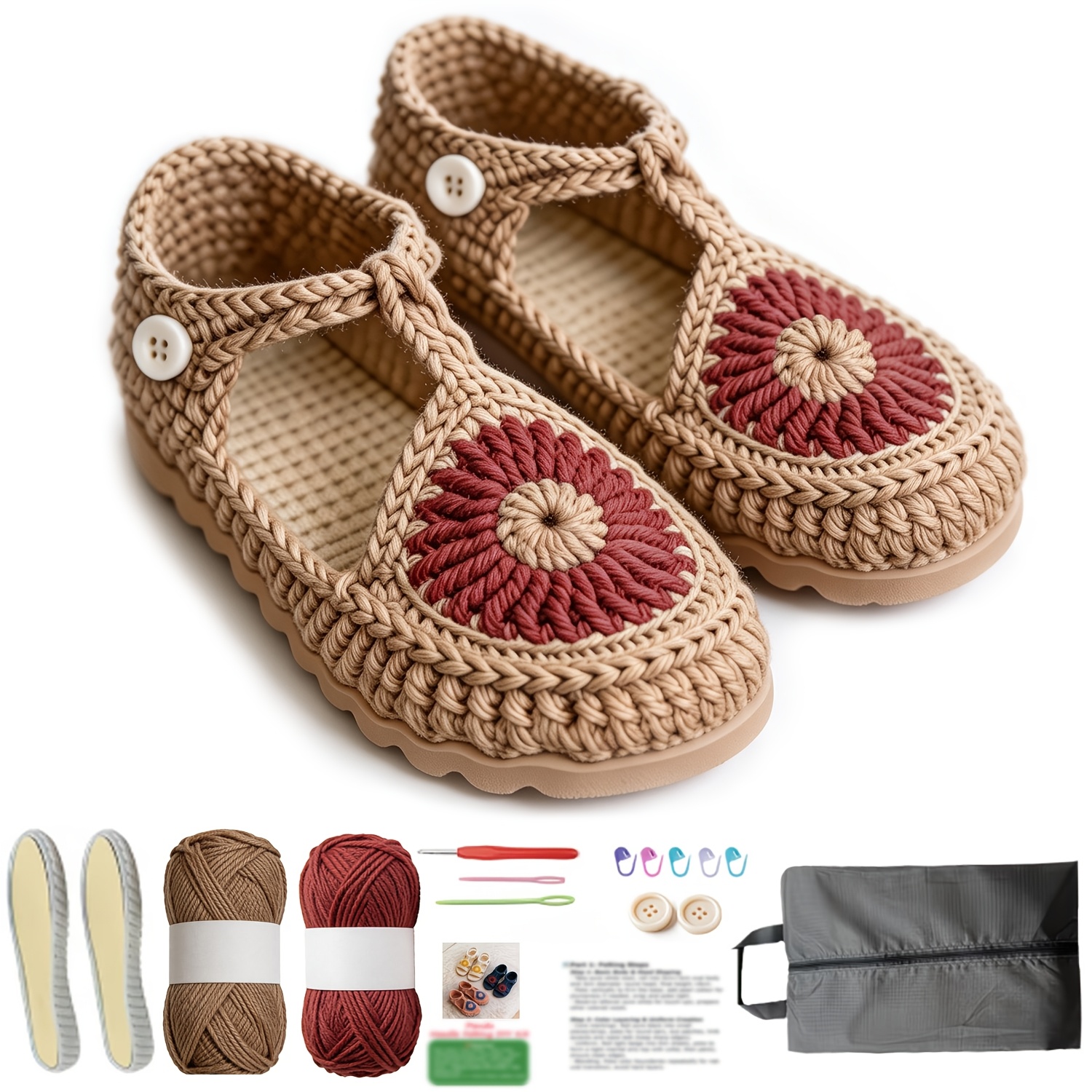 DIY Hand Knitting Shoe Kit Knit Shoes Crochet Hooks Complete Craft Supplies Set