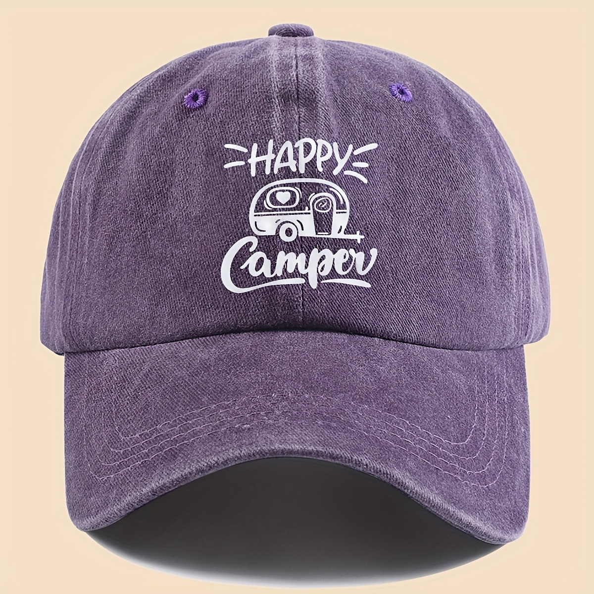 Unisex Washed Distressed Baseball Cap Happy Camper PURPLE