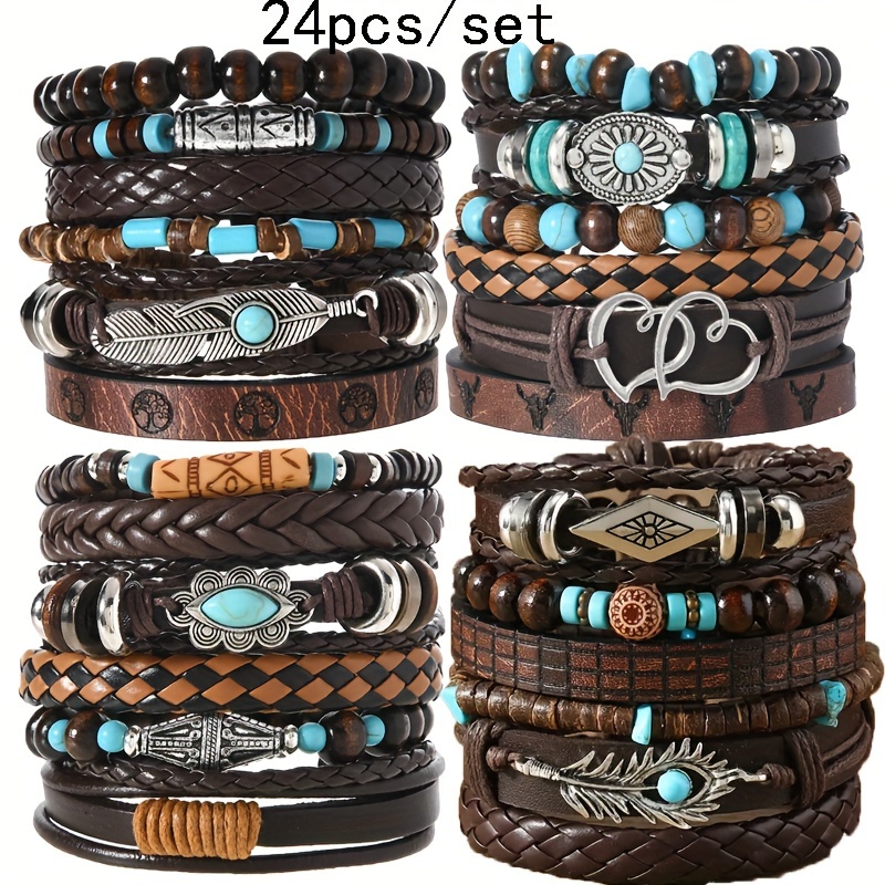 TEMU 24pcs Bohemian Cowboy Beaded Bracelet Set, Multilayer Bangle & Charms, Unisex For