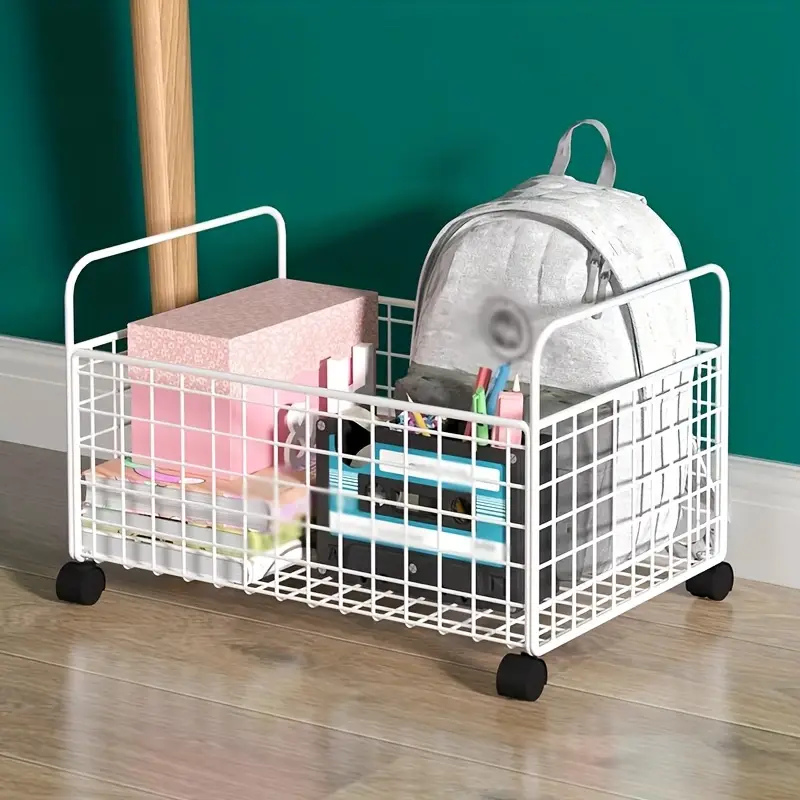 durable metal bookshelf with storage basket and wheels stackable space saving organizer for office living room classroom or reception black white 38 0cm x 24 0cm x 21 01cm suitable for easy to assemble classroom storage stackable design metal structure bookcase Product details 6