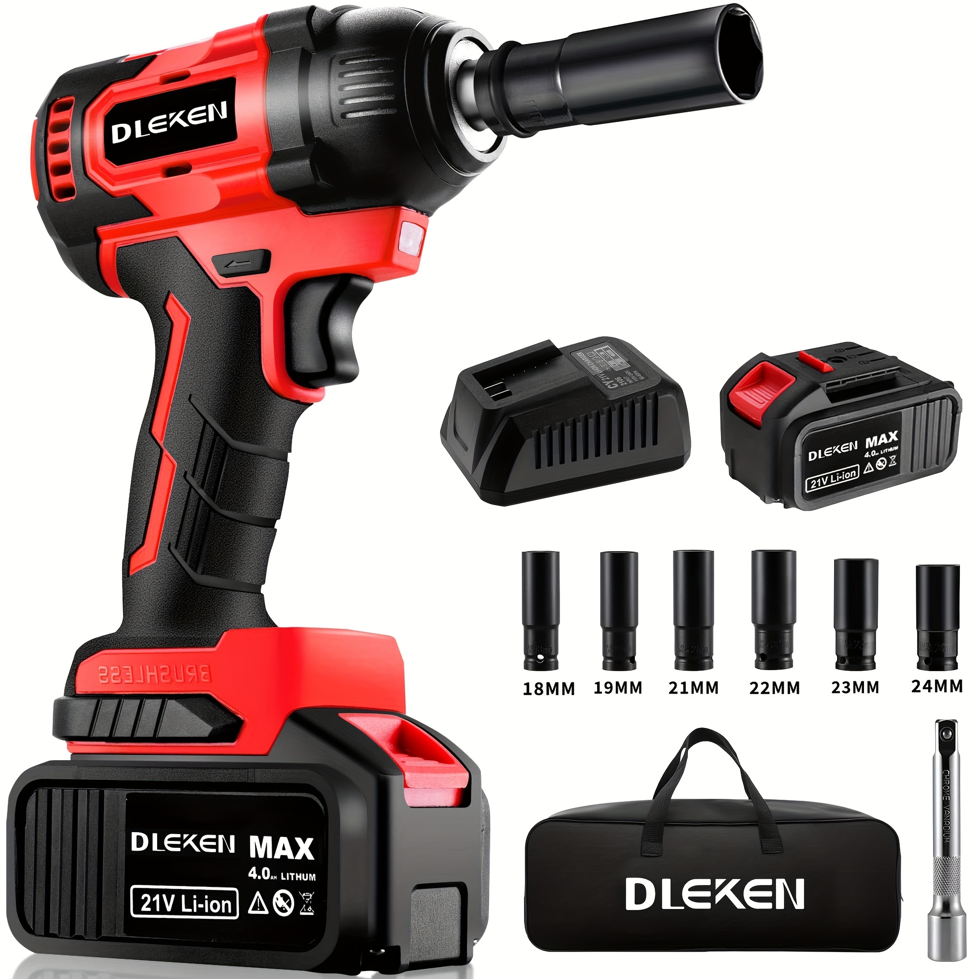 

370 Ft-lbs (500n.m) Cordless Impact Wrench, 3200rpm Impact 1/2 Inch, 1 * 4.0ah Battery/2 * 4.0ah Battery Powered Brushless Impact Wrench With 6 Sockets, Fast Charger