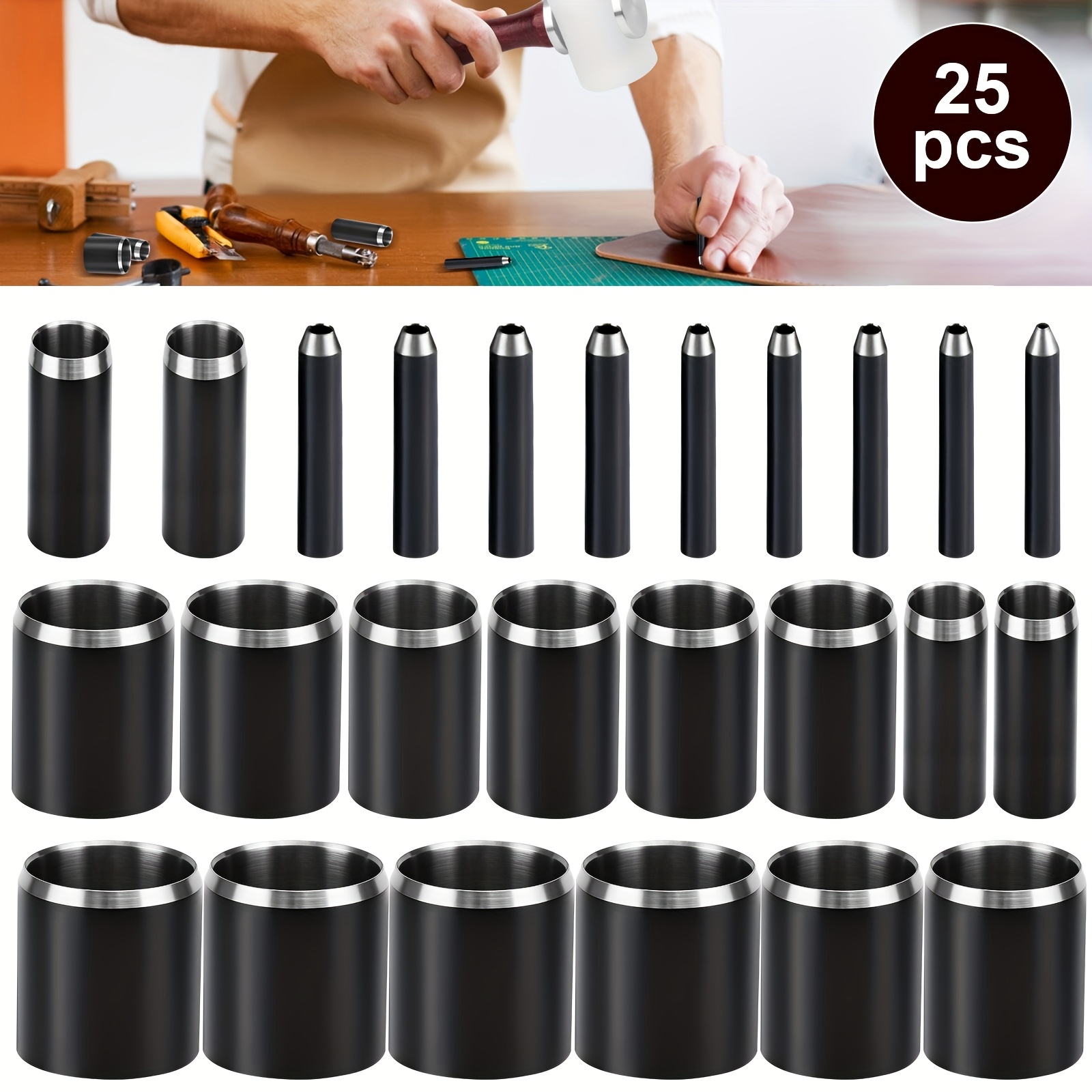 TEMU 25pcs Steel Leather Circle Cutter Tool Set, 1-25mm Leather Hollow Punch Tool, Belt Hole Punch, Punching Die Set, Leather Craft Tools Kit For