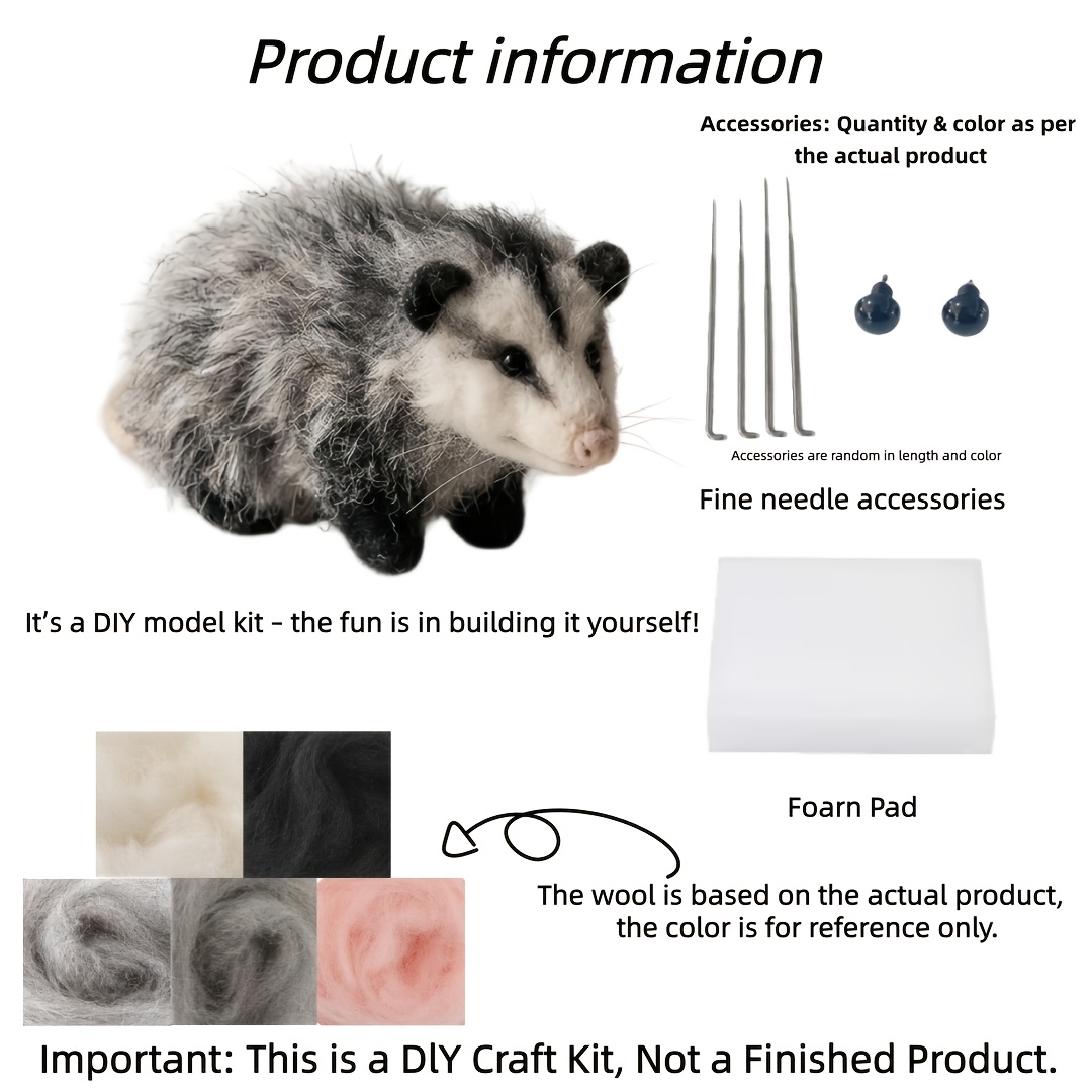TEMU Gray-white Opossum Wool Felt Diy Material Kit, Animal-themed Needle Felting Craft Kit, Creative Desktop Decorative Ornament, Includes Tutorial,