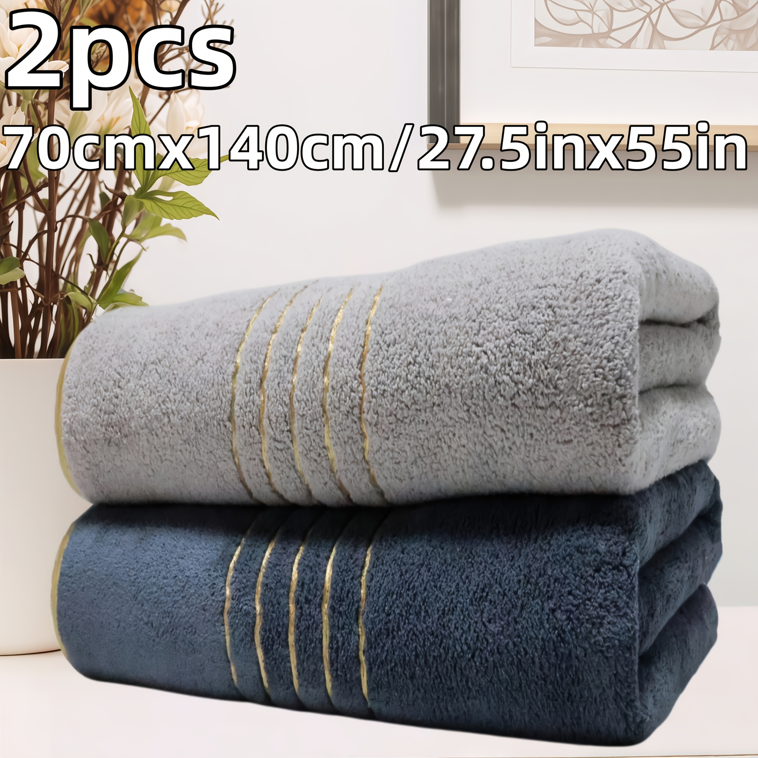 TEMU 2pcs Embroidered Pattern Bath Towel Gsm 70cmx140cm/27.5inx55in Coral Fleece Polyester Material High Absorbency Quick Dry Ultra Soft Thick Adult