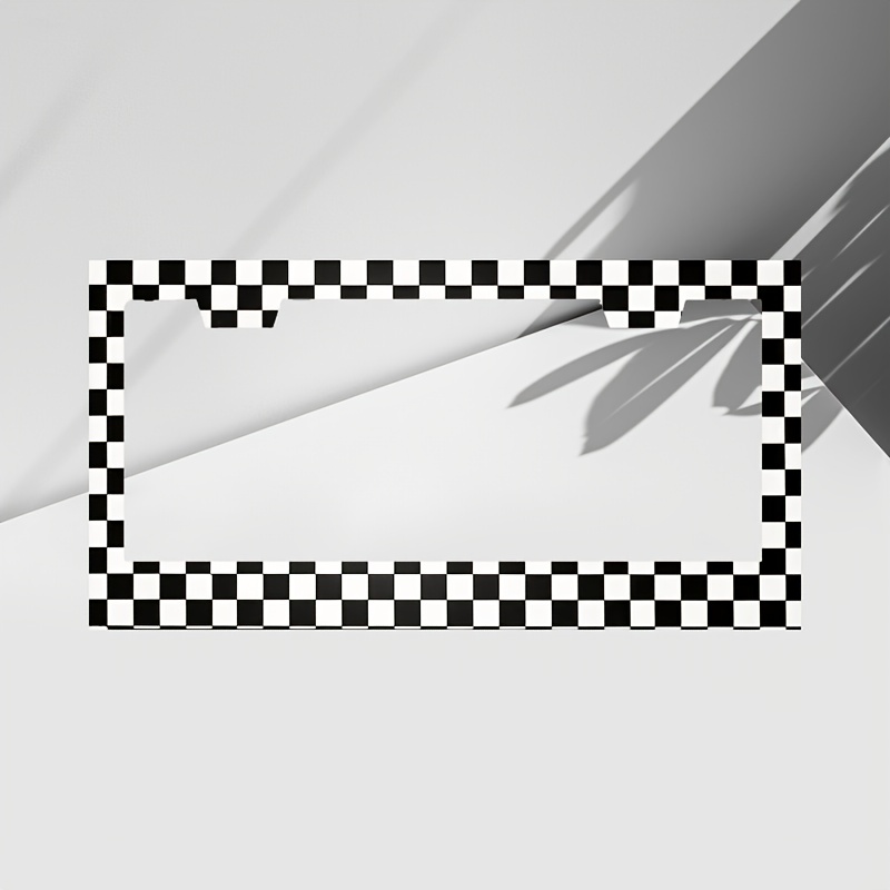 TEMU 2d Flat Minimalist Black And White Racing Checkered Design Car License Plate Frame, 1pc, Aluminum Frame With Screw Caps