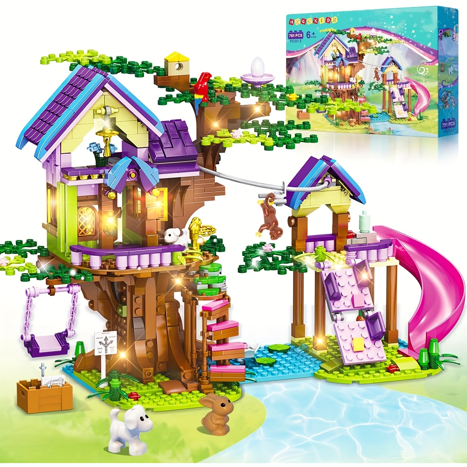 

Hogokids Tree House Building Toy With Led Light - 751 Pcs Treehouse Set With Slides Swing Animals, House For Kids Girls Boys 6 7 8 9 12+ Birthday Gift