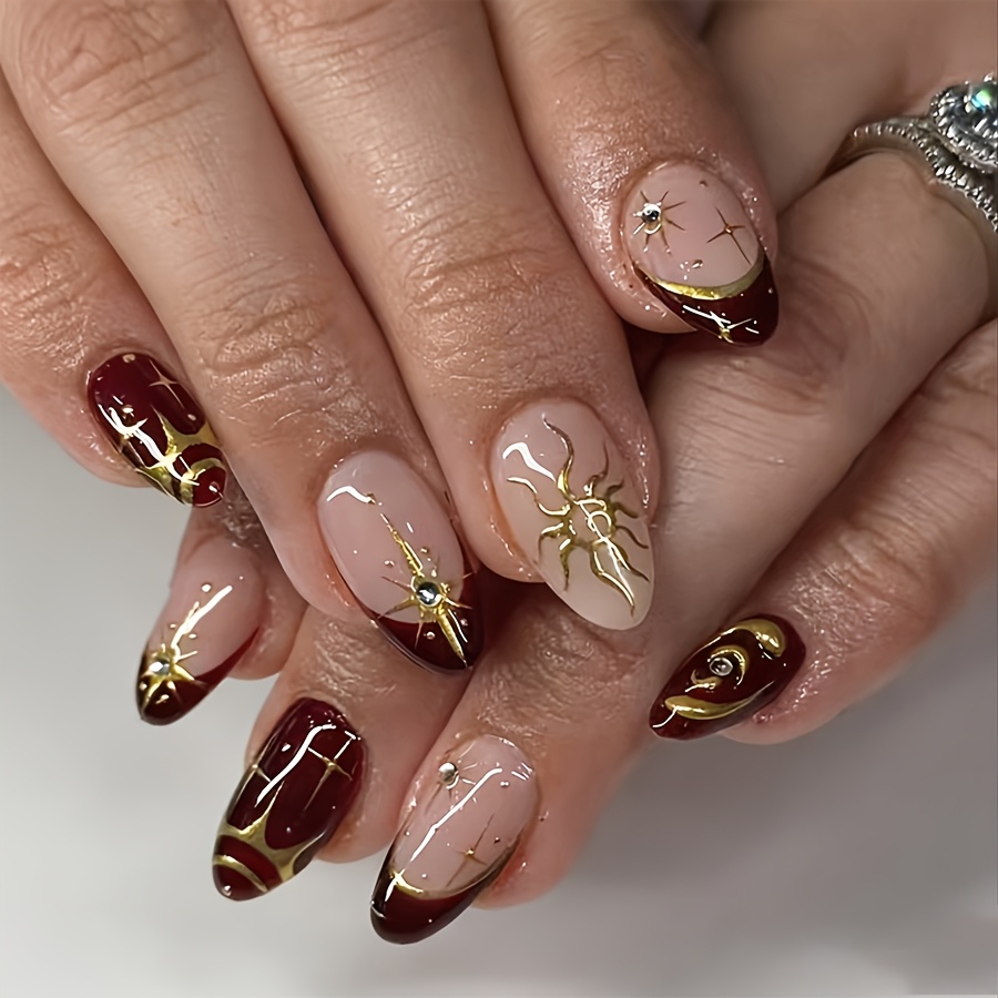TEMU 24pcs Dark God Teardrop-shaped Press-on Nails, Glossy Fake Nails With Jelly Adhesive Tabs, Reusable Artificial Nails, Manicure Set Suitable For