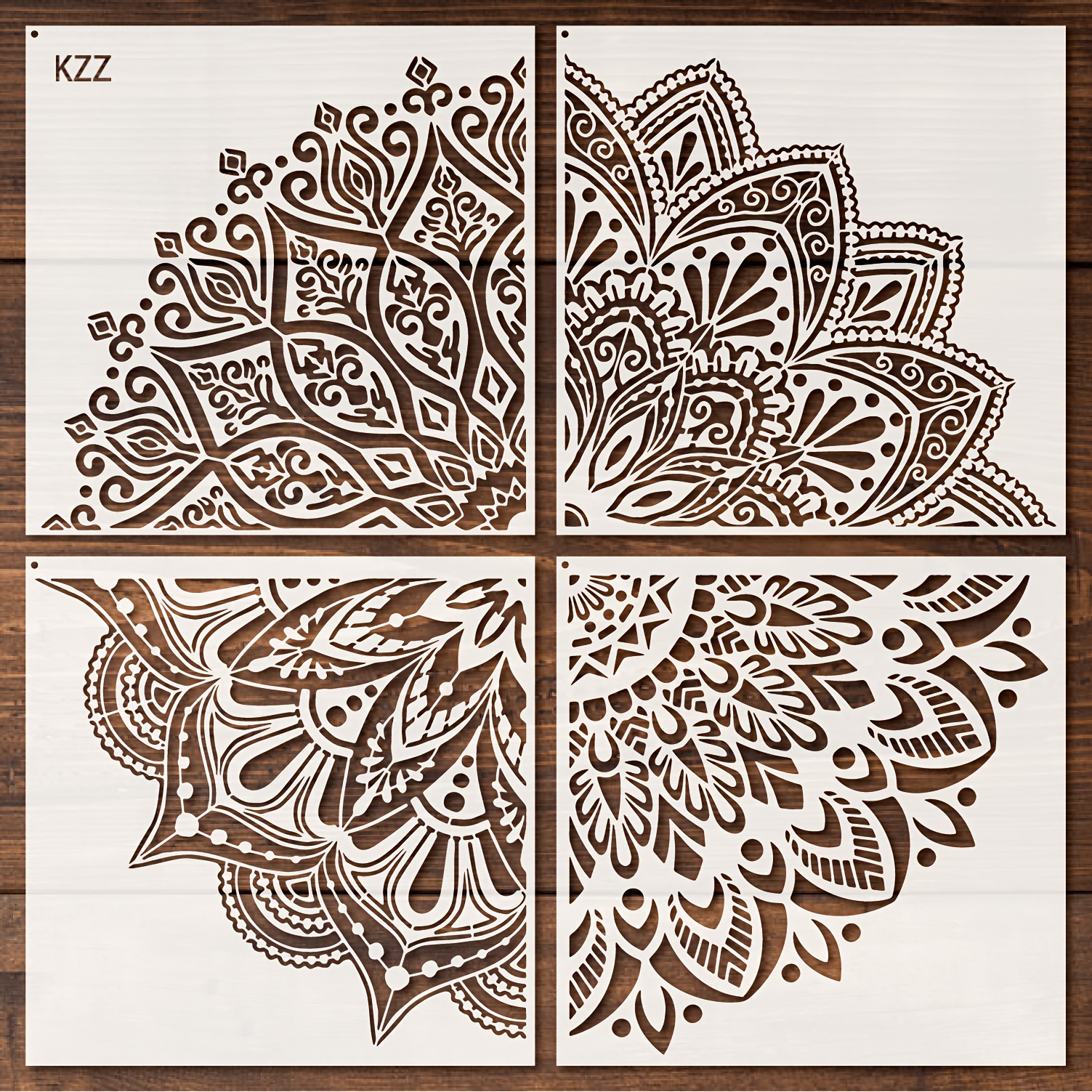 Image of Kzz 4pcs Large Mandala Stencils For Painting - 4pcs Rangoli Stencils For Painting On Walls, Fabric Painting Stencils Bohemian Mandala Template Stencils For Painting Large Pattern