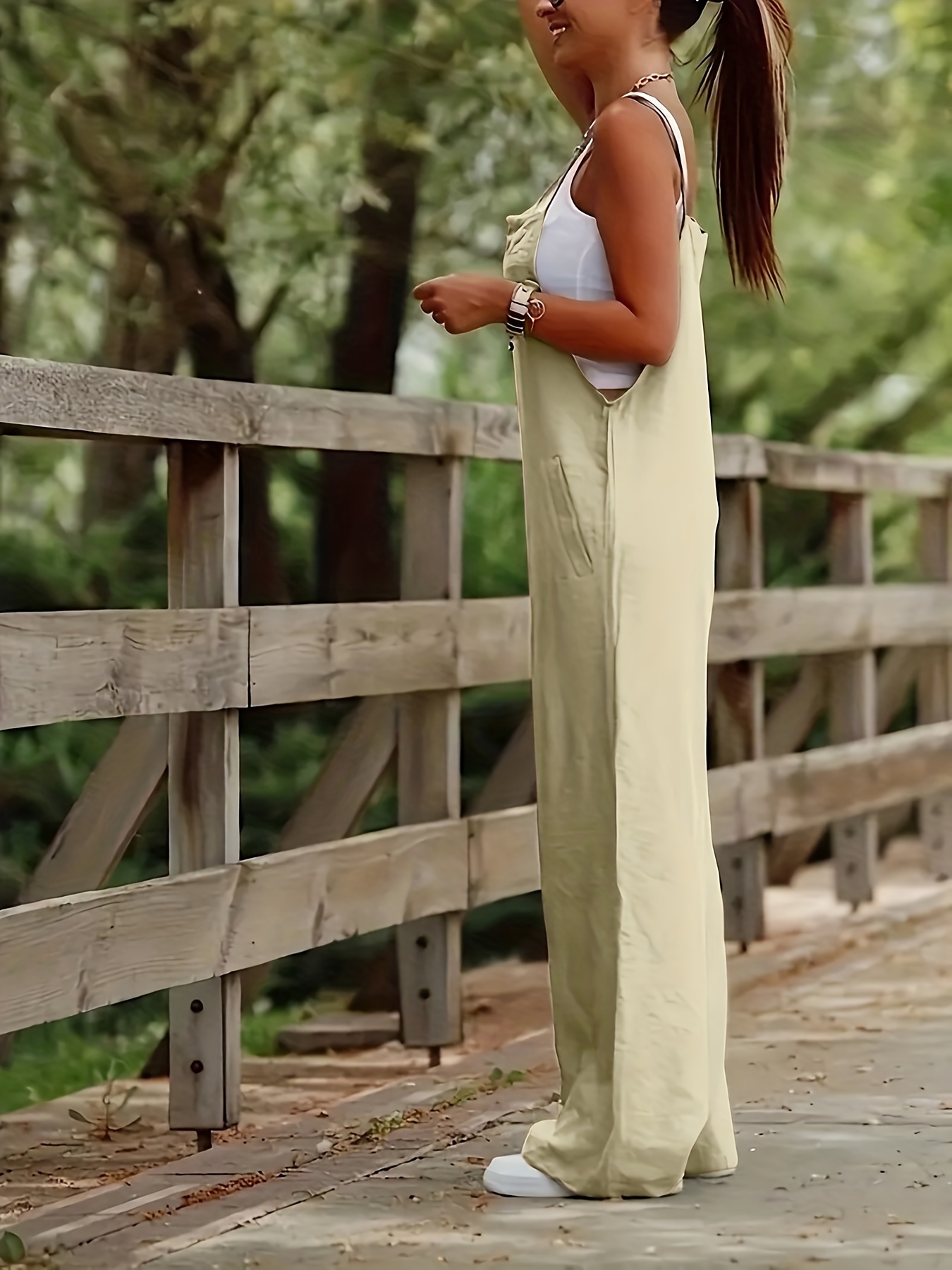 Women's Olive Green Casual Jumpsuit Sleeveless Wide-Leg Romper with  Adjustable Straps Pockets, Lightweight Machine-Washable Spring/Summer  Outfit,