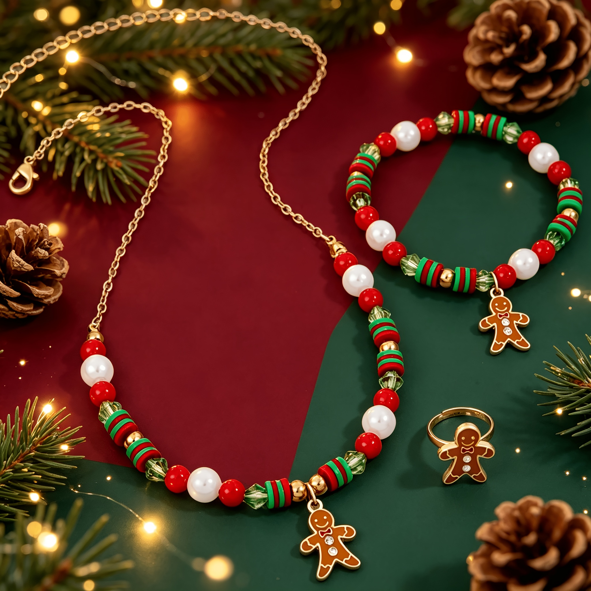 TEMU 3pcs Kids Christmas Jewelry Set, Stretch Bracelet, Adjustable Open Band Ring And Necklace With Gingerbread Man Charm, Friendship Additions For