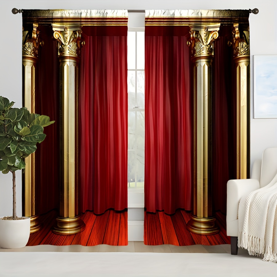 Red Curtains Golden Pillars Pattern Window Decoration - Temu South Africa