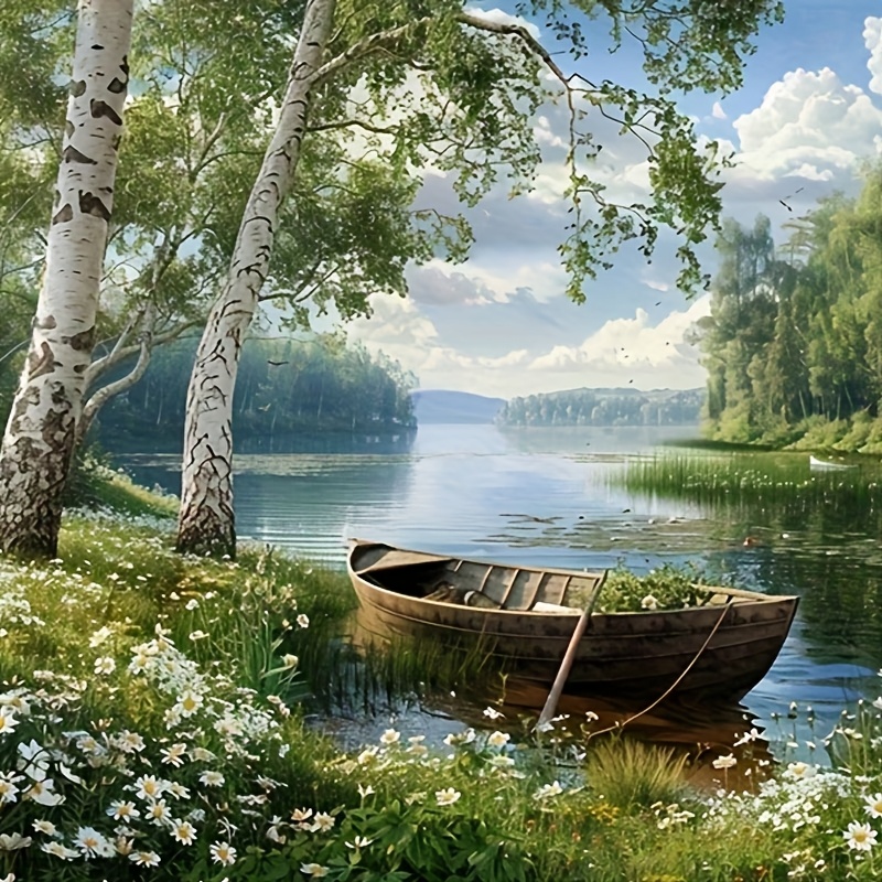 TEMU 1pc, Large-size Diamond Painting Kit, Lakeside Scenery Design, Uses Drills, Perfect For Beginners To Create Mosaic Wall Art, Suitable For Home