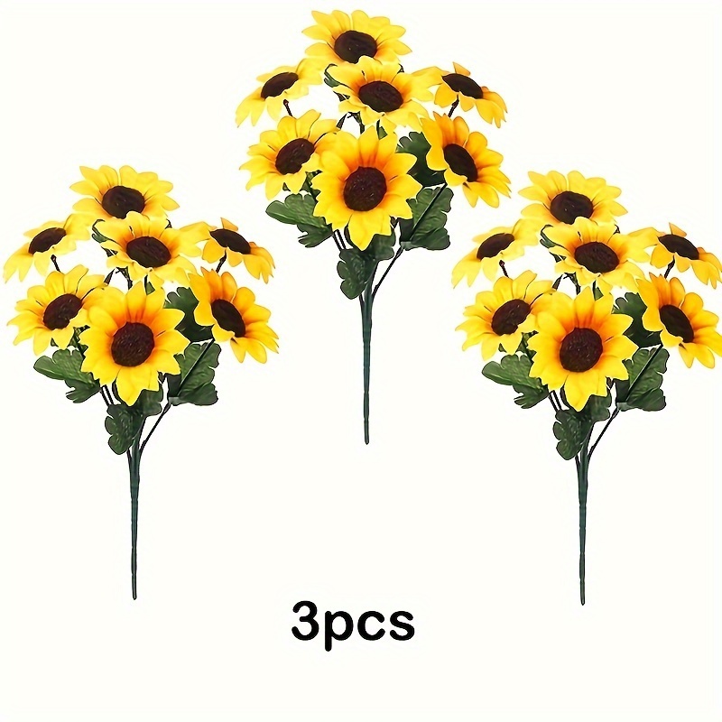 Image of 3 Bunches, Sunflower Artificial Bunches With Stem Flower Bunches Fake Plants Uv Resistant Plastic Green Artificial Outdoor Flower Plants Do Not Fade Garden Porch Window Box Decoration