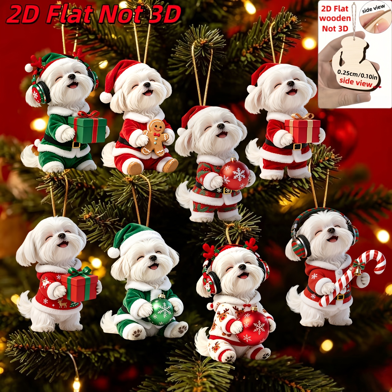 TEMU 2d Flat, 8pcs Set Of Cute Maltese Wooden Hanging Ornaments, Featuring Adorable Maltese Dogs In Various Christmas Outfits. Christmas Tree