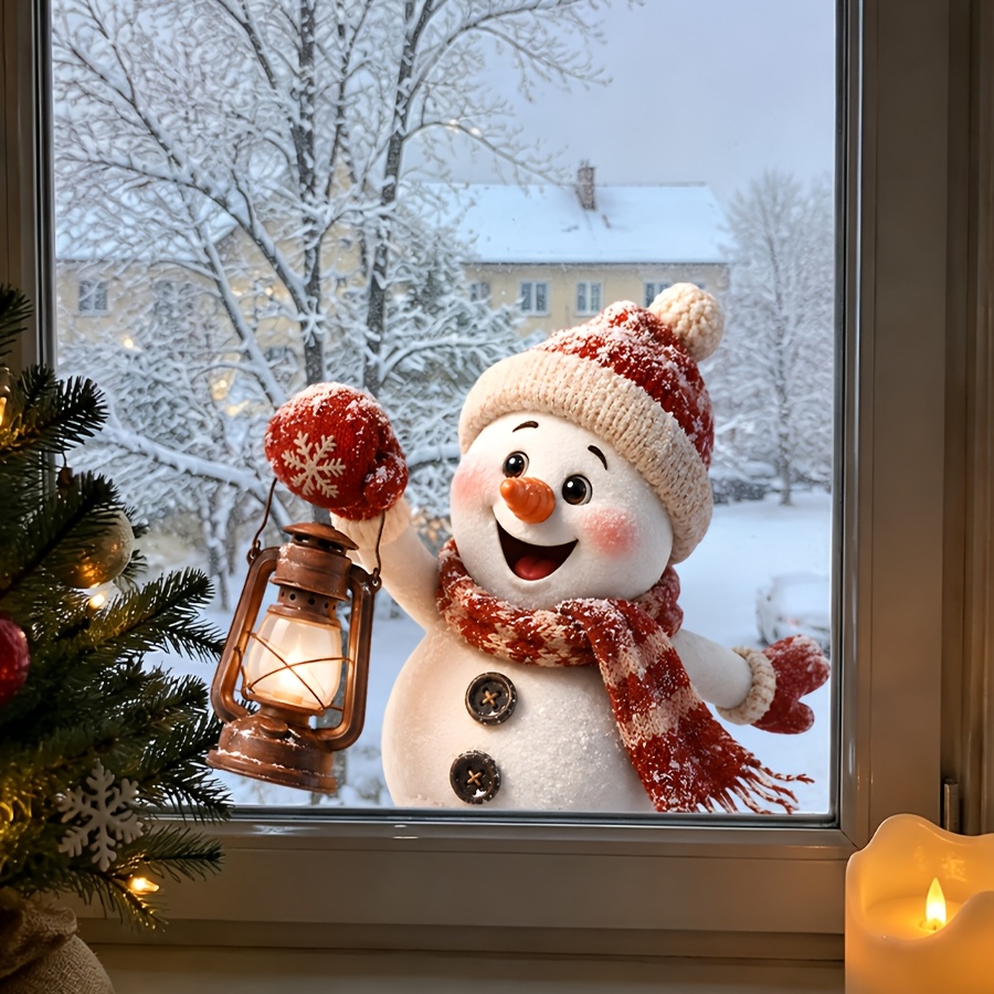 Image of Warm Winter Cute Fluffy Snowman Holding Rustic Lantern Print, Christmas Static Clings Window Sticker, Double-sided , No Residue Decals For Living Room Cafe Farmhouse Holiday Window Decoration