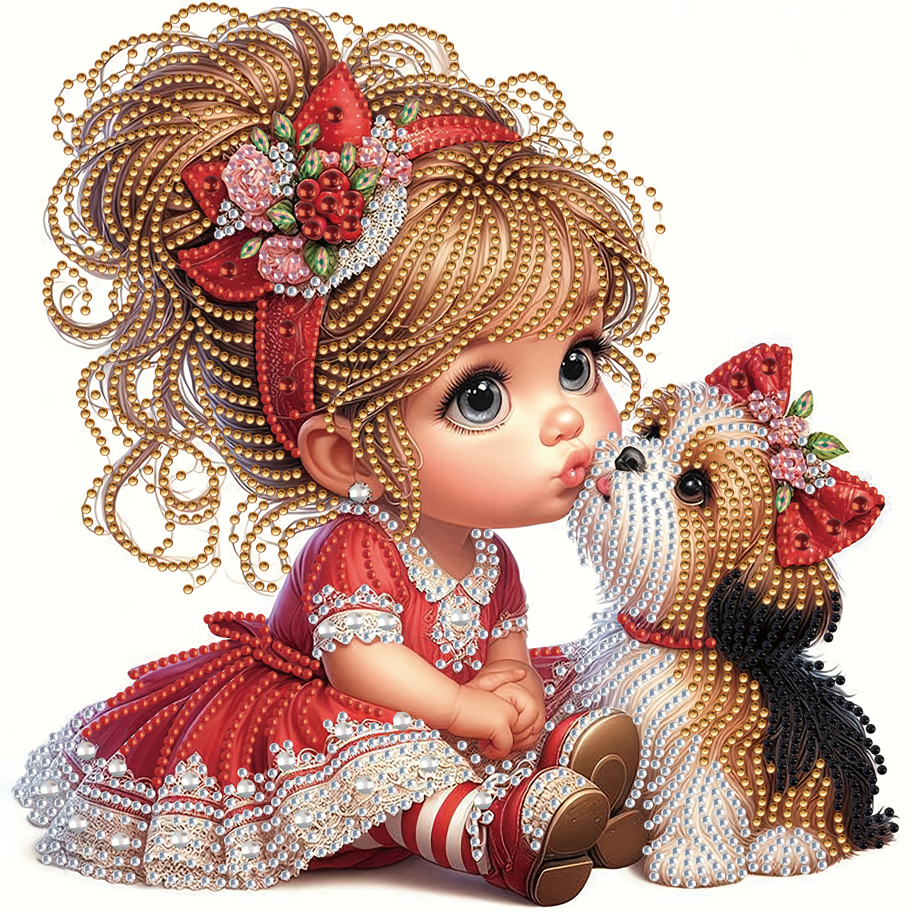 Image of Red Dress Girl And Pattern Diamond Painting Set, Partial Home Wall Decoration Diy Craft Decorated With Special Shape Crystal Rhinestone, (borderless)