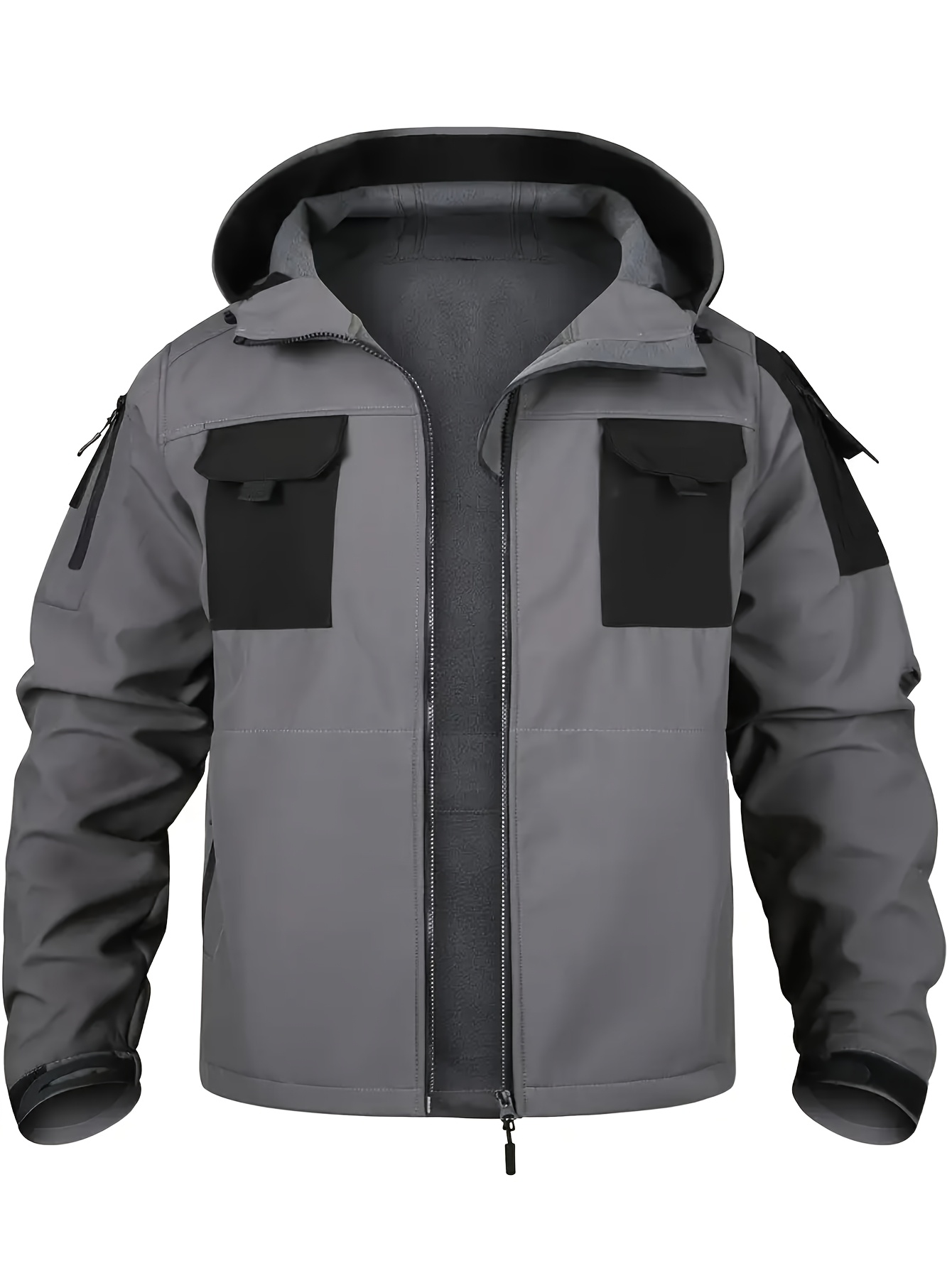 Men's Warm Hooded Zip-Up Shell Jacket with Pockets for Outdoor Activities