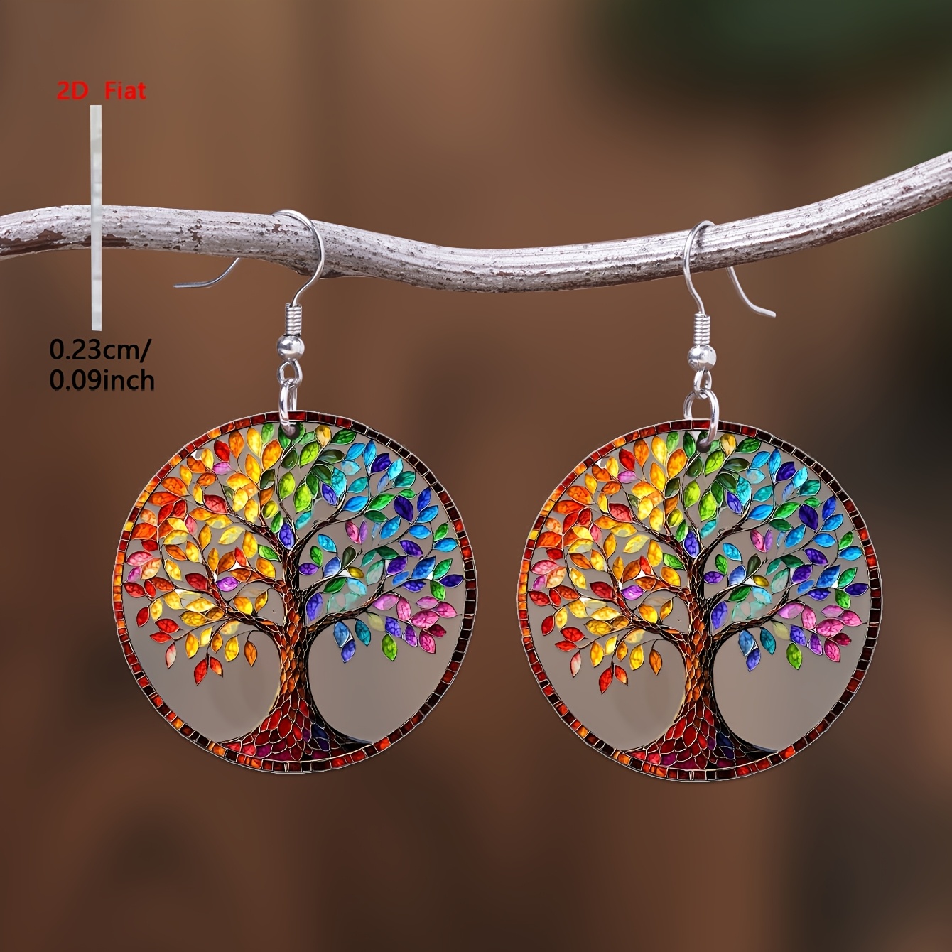 TEMU 2D Plat - 1 Paire 2D Plat - 1 Paire Vintage Coloré Dégradé Arbre de Vie Circulaire Motif Boucles d'Oreilles Pendentifs Acrylique, Style Élégant