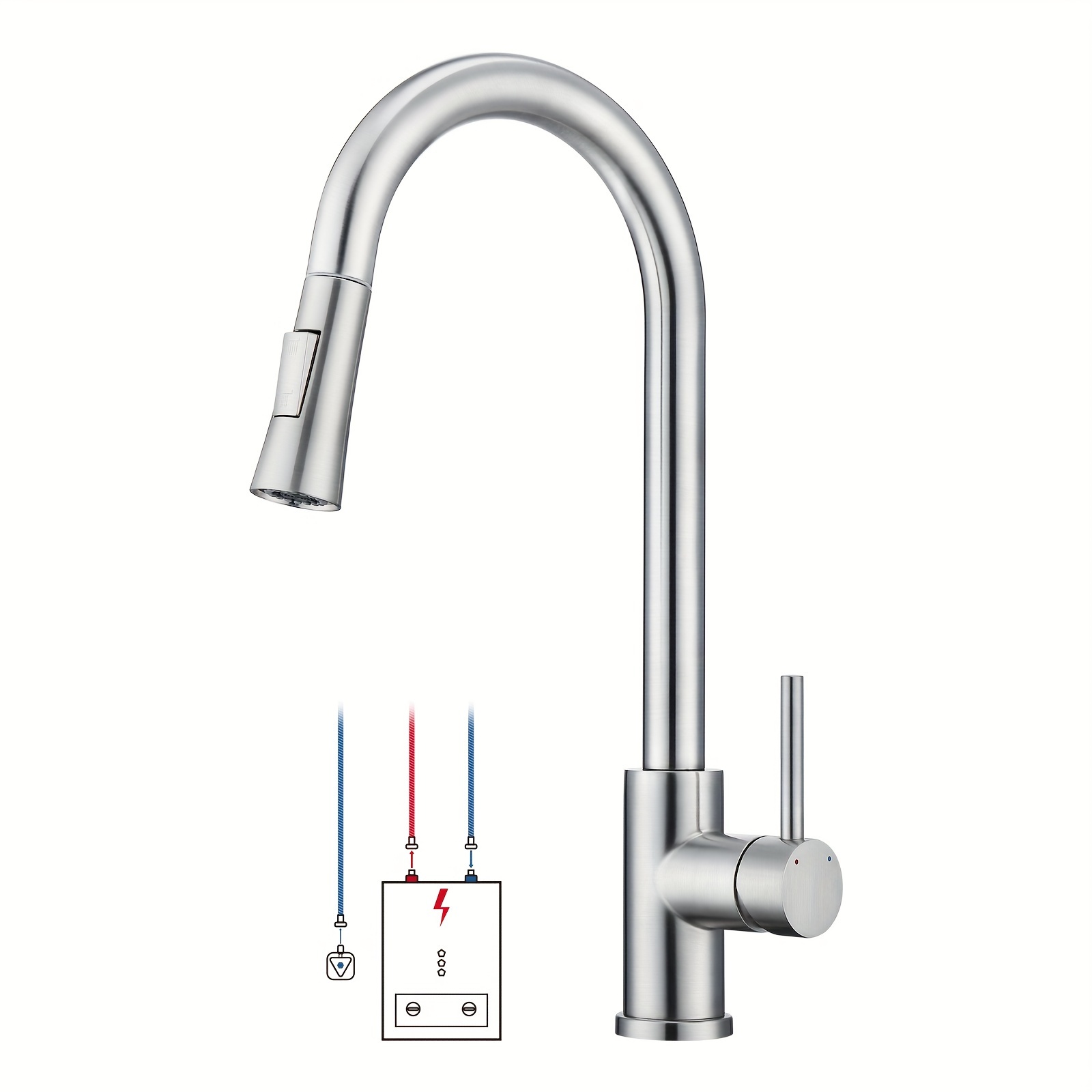 

Low Pressure Kitchen Faucet, Retractable, Kitchen Faucet, 3 High Arc Connections, 360° Swivel Kitchen Faucet, Low Pressure, G3/8 Connection, Stainless Steel Brushed