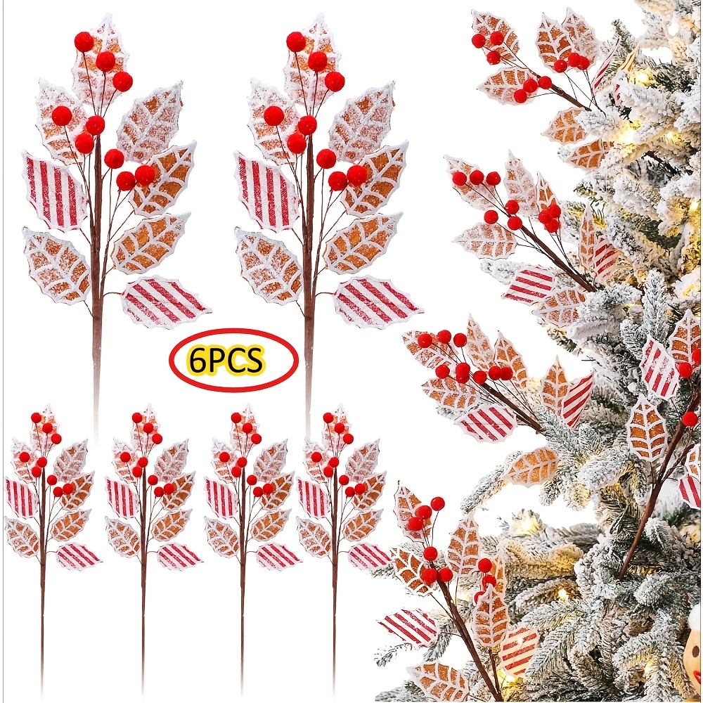 TEMU 6pcs 17-inch Gingerbread Christmas Decorations Gingerbread Tree Topper Picks And Leaf Spray With Red Berries Brown Christmas Tree Picks With