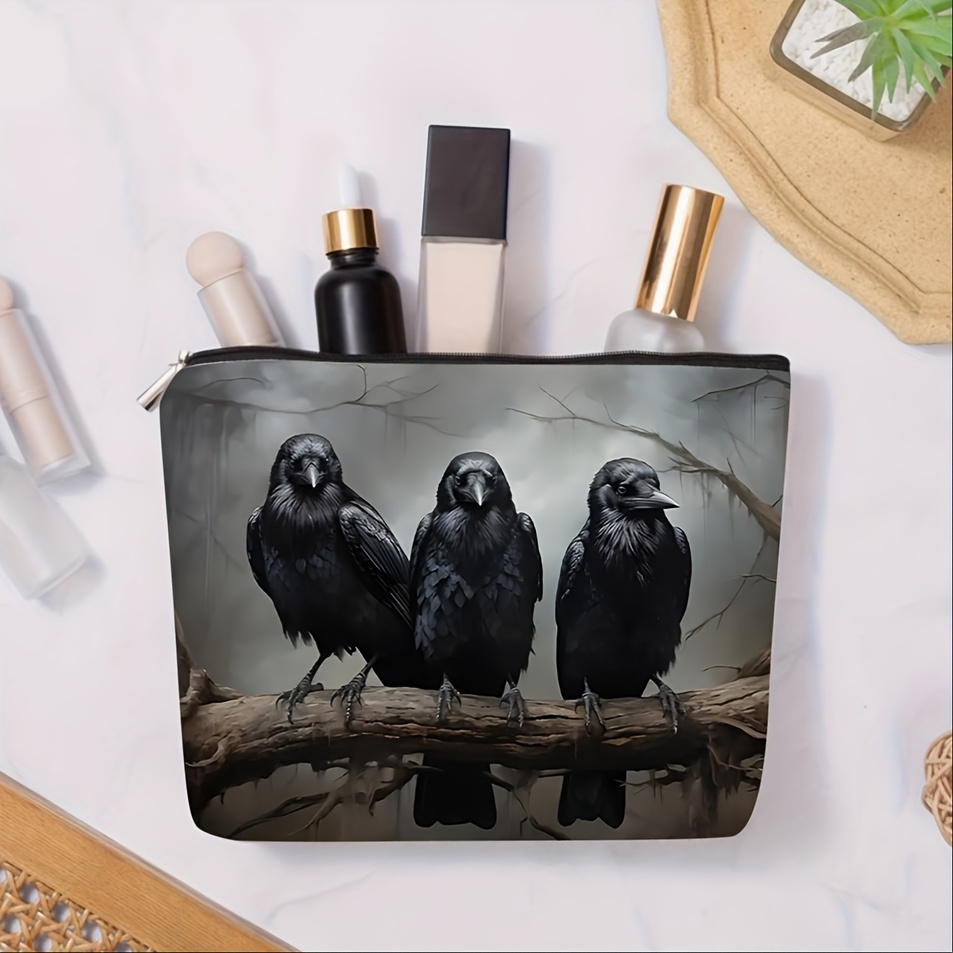 

Linen Cosmetic Bag With Crow Pattern - Non-waterproof, Unscented Multi-function Travel Makeup Pouch With Secure Zipper For Women