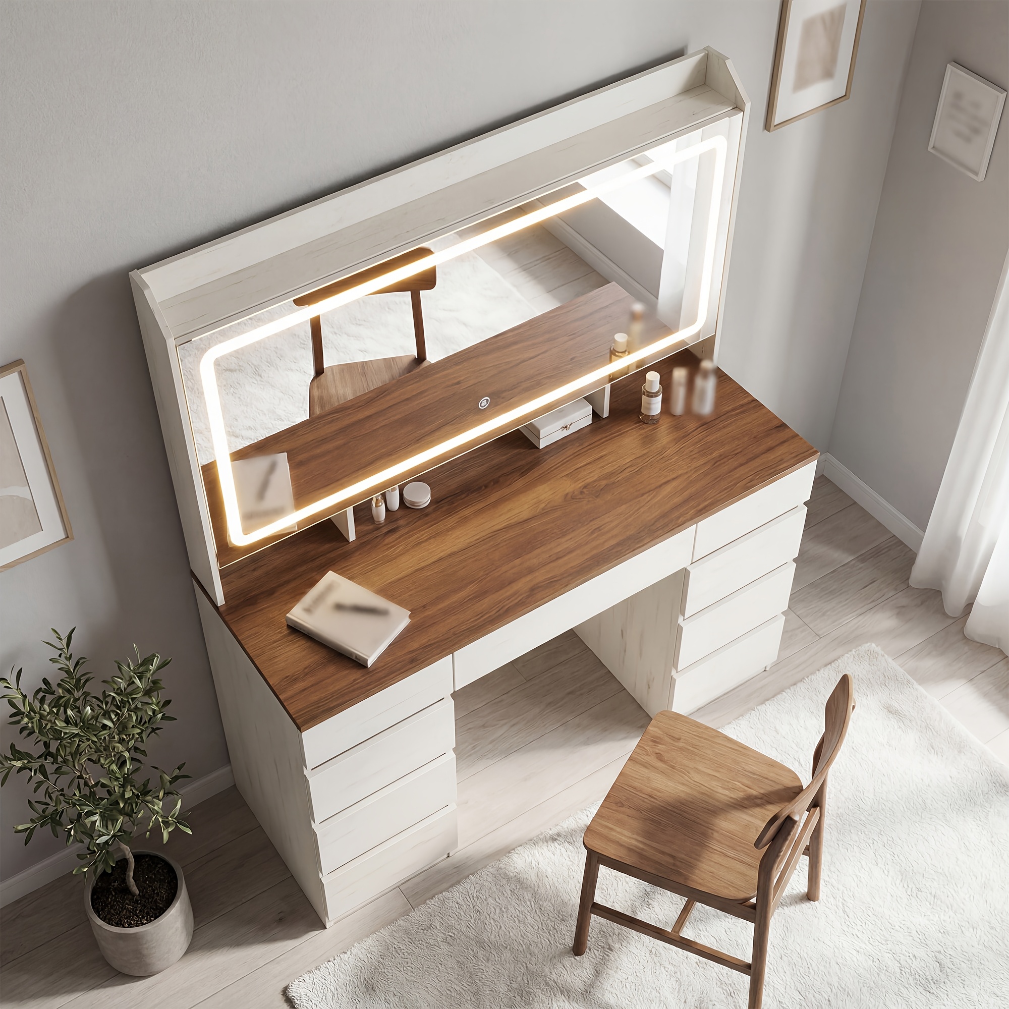 White And Brown Bedroom Dressing Table, Large High-definition Makeup Mirror, 3-color Adjustable Led Light, 11 Drawers + 3 Adjustable Storage Compartments, With Usb + Ac Charging Ports, Table