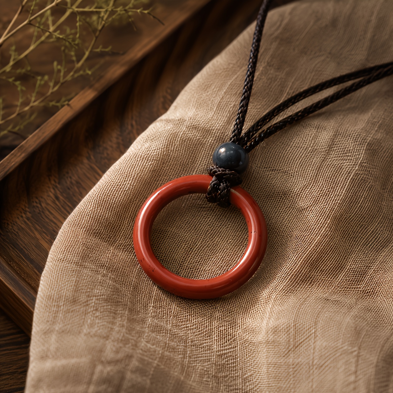 Natural Red Stone Braided Rope Hoop Ring Necklace, Minimalist