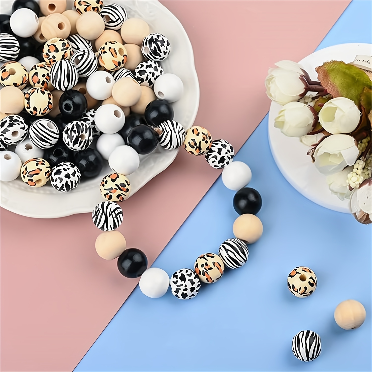Image of 45pcs Of Mixed Colors For Making, Dark Leopard Print Wooden Beads For Bracelet And Necklace Crafts, Bulk Wooden Beads