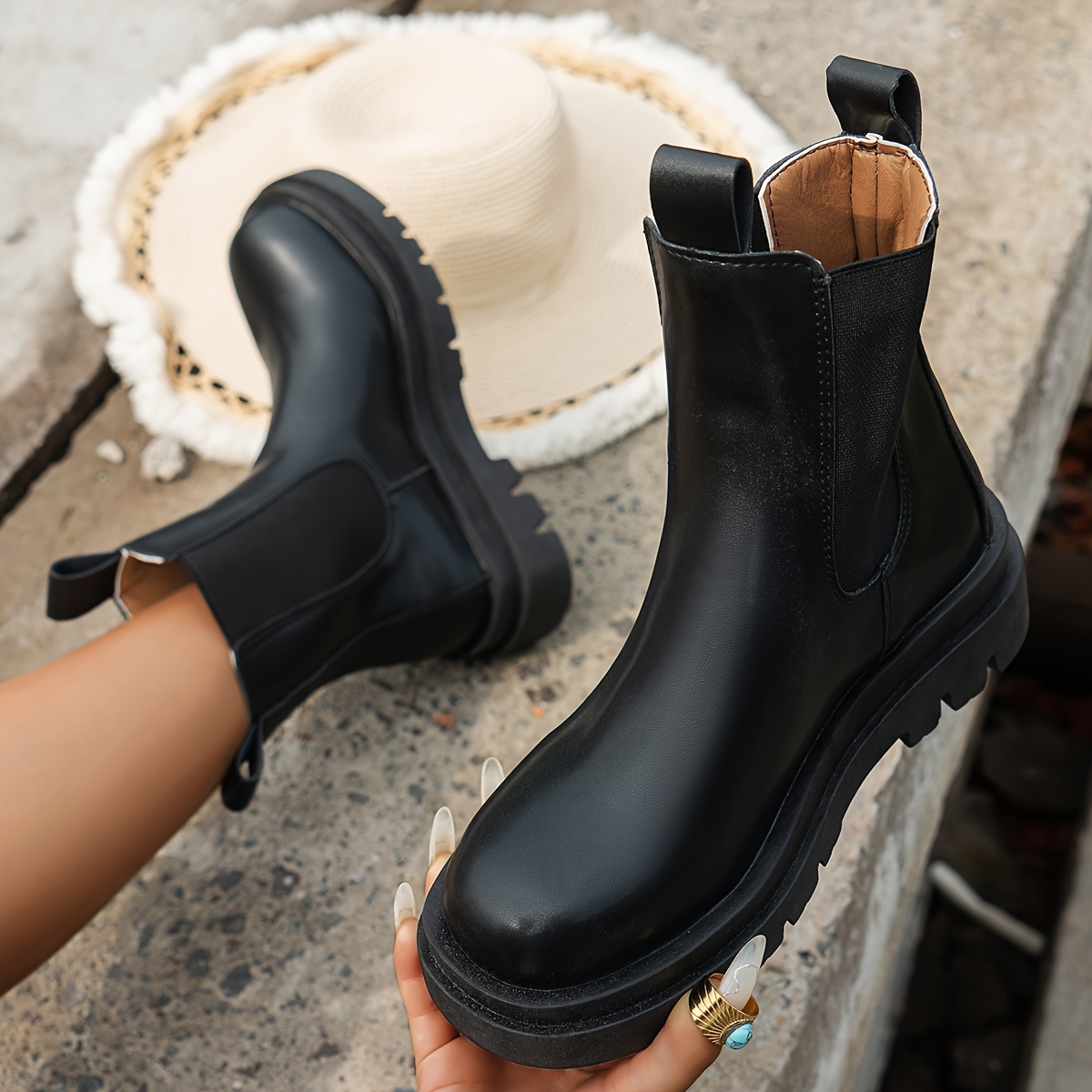 

Women's Solid Color Platform Short Boots, Fashion Stretch Fabric Sided Ankle Boots, Stylish Slip On Boots