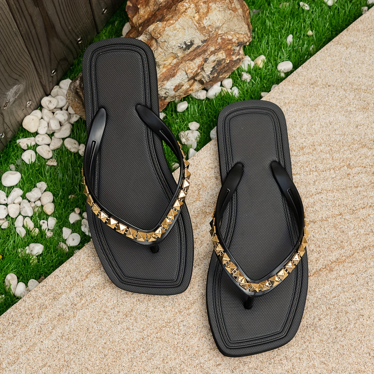 Women'S Summer Fashion Flip-Flops - Comfortable, Durable EVA Material, Flat Heel, Slip-On Thong Sandals for Beach & Casual Wear, Black with White Stripe, Ladies Sandals