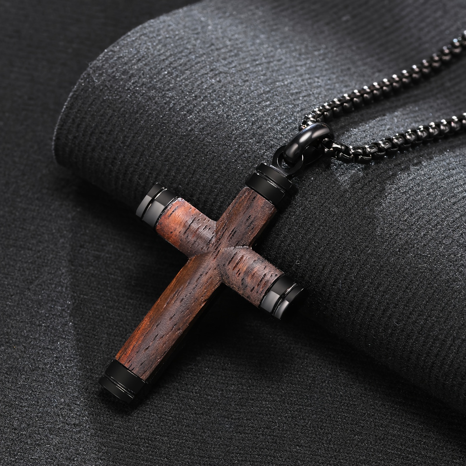 1pc stainless steel pendant necklace with inlaid new   wood cross pendant a stylish and high quality pendant for men perfect as a gift for your husband on easter day details 2
