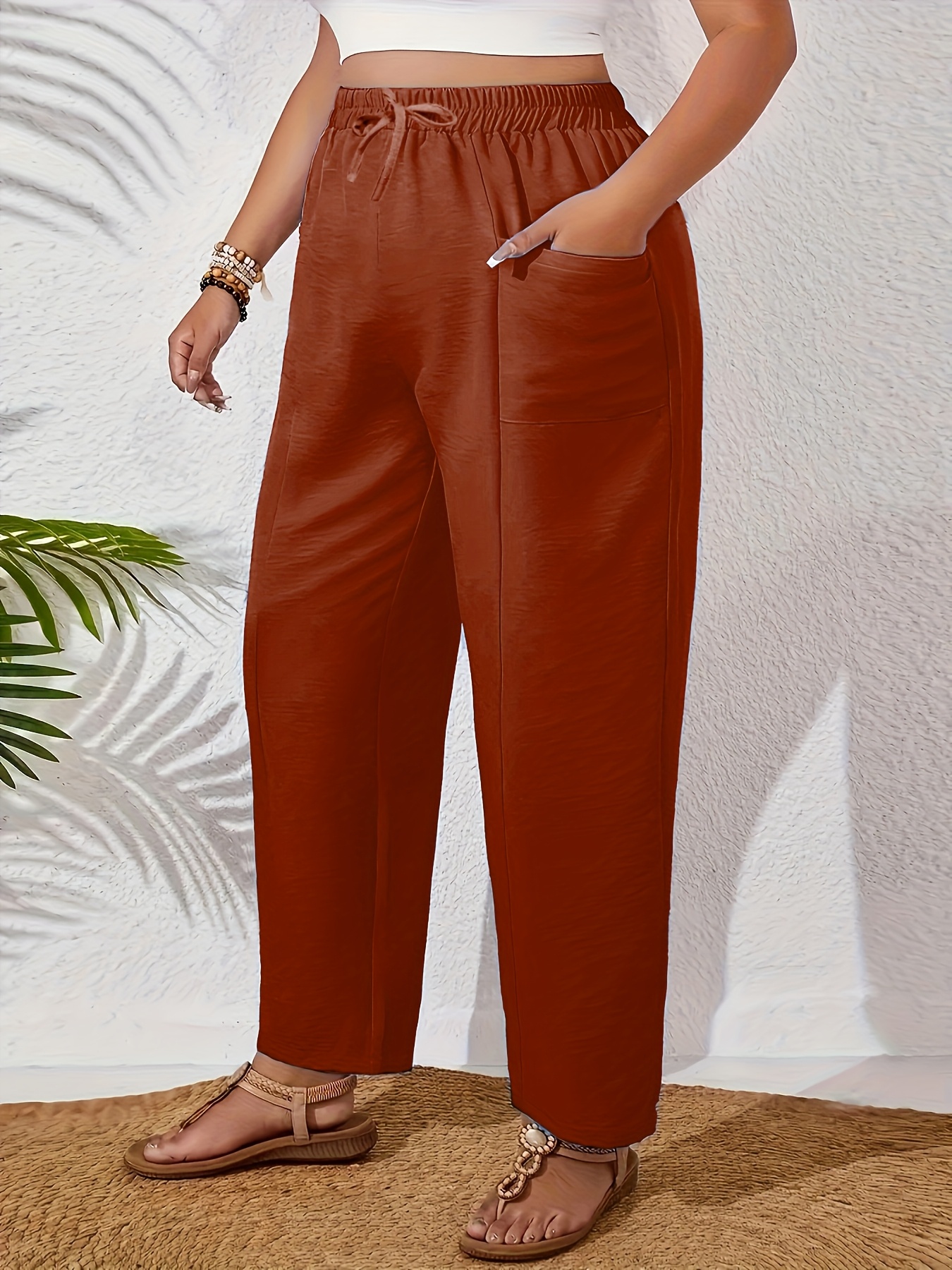 Plus Size - Women'S Plus Size Elegant Solid Color Wide-Leg Pants - Non-Stretch Fabric, All-Season Casual Trousers with Pockets, Brown, Comfortable Footwear, Stylish Accessory, Durable Fabric