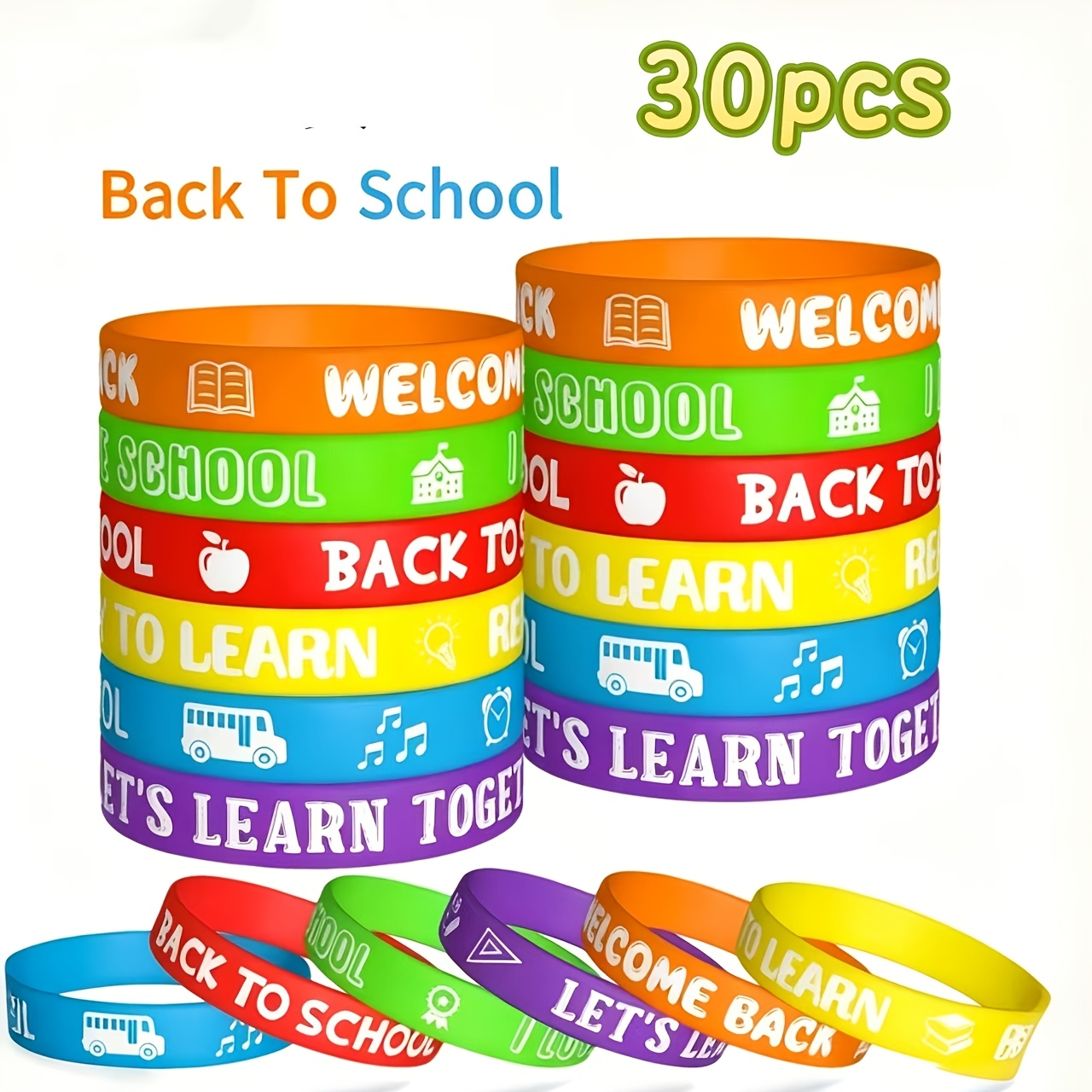 TEMU 30pcs Of School-backing Silicone Wristbands, Themed Wristbands For Start Season, Colorful Welcome-back-to-school Wristbands, As Great Items For